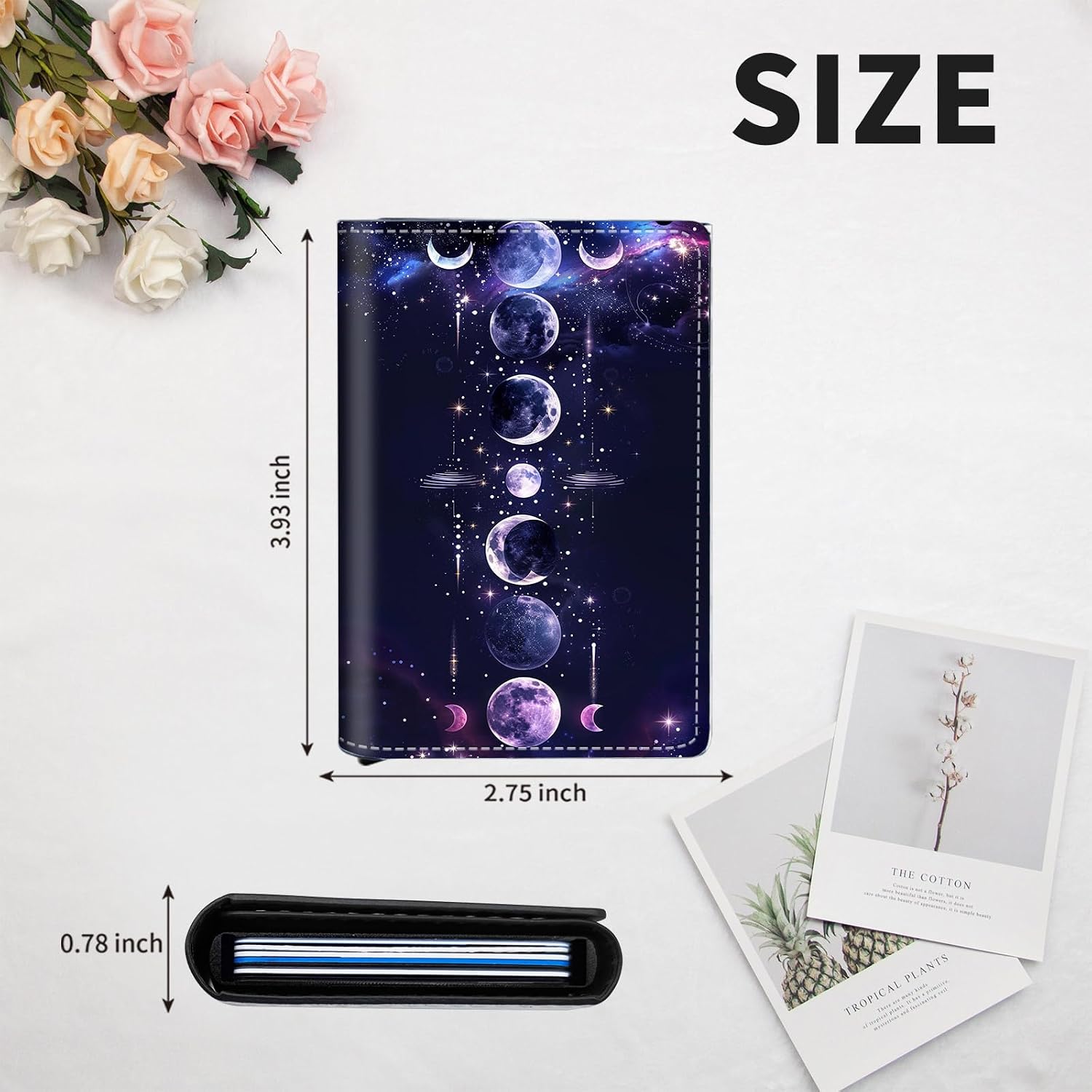 Aluminum Auto Pop Up Wallet Case Credit Card Holder For Women Men Girl, Leather Card Case Front Pocket Trifold Wallet with RFID Blocking Banknote Slot Slim Wallet Women, Purple Moon Planet