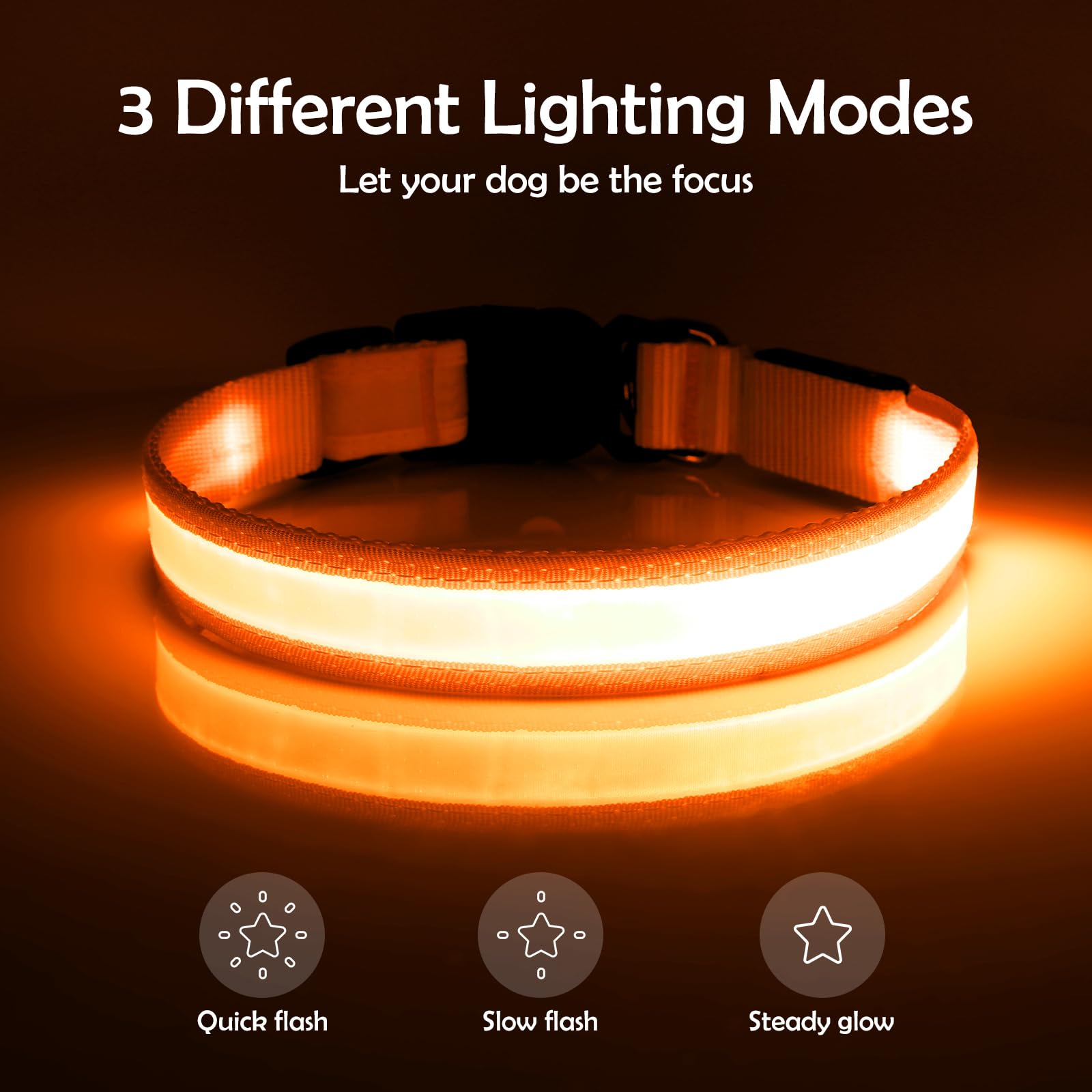 Vizpet LED Dog Collar, Light Up Dog Collar Adjustable USB Rechargeable Super Bright Safety Light Glowing Collars for Dogs(Large,Orange) - Detailed View