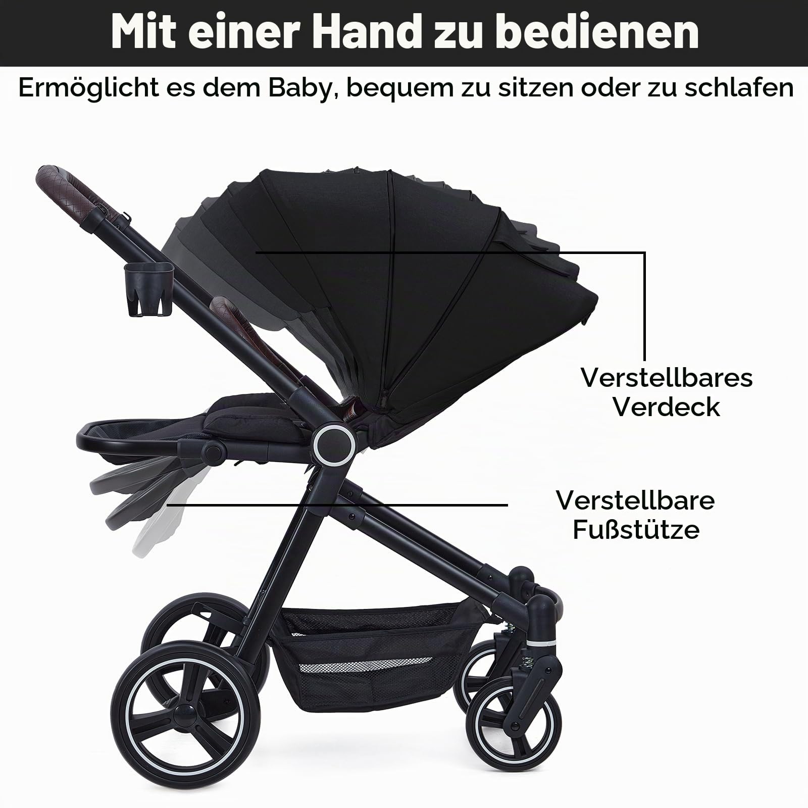Kinderwagen 3 In 1, Kinderwagen Set Mit Sportlichen Sitz, Buggy Mit Umkehrbarem,Babywanne Buggy and Sportsitz Mit Einem Klick Zusammenklappbarer,Tragbarer, Regenschutz Große Ausziehbare Verdeck