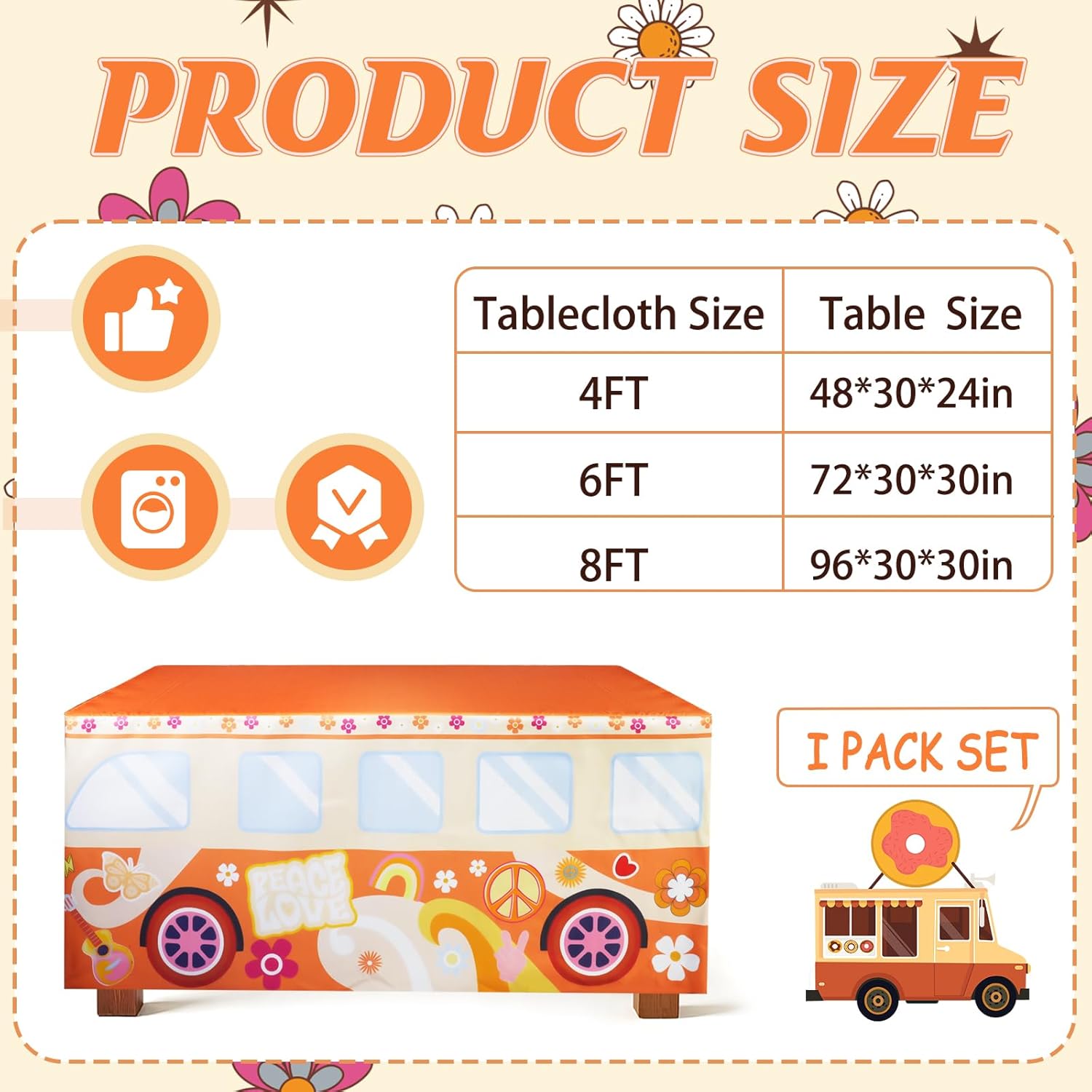 6Ft Groovy Bus Tablecloth,Hippie Birthday Party Decorations for 60s 70s Boho Themed Birthday,Baby Shower,Carnival Party Decorations