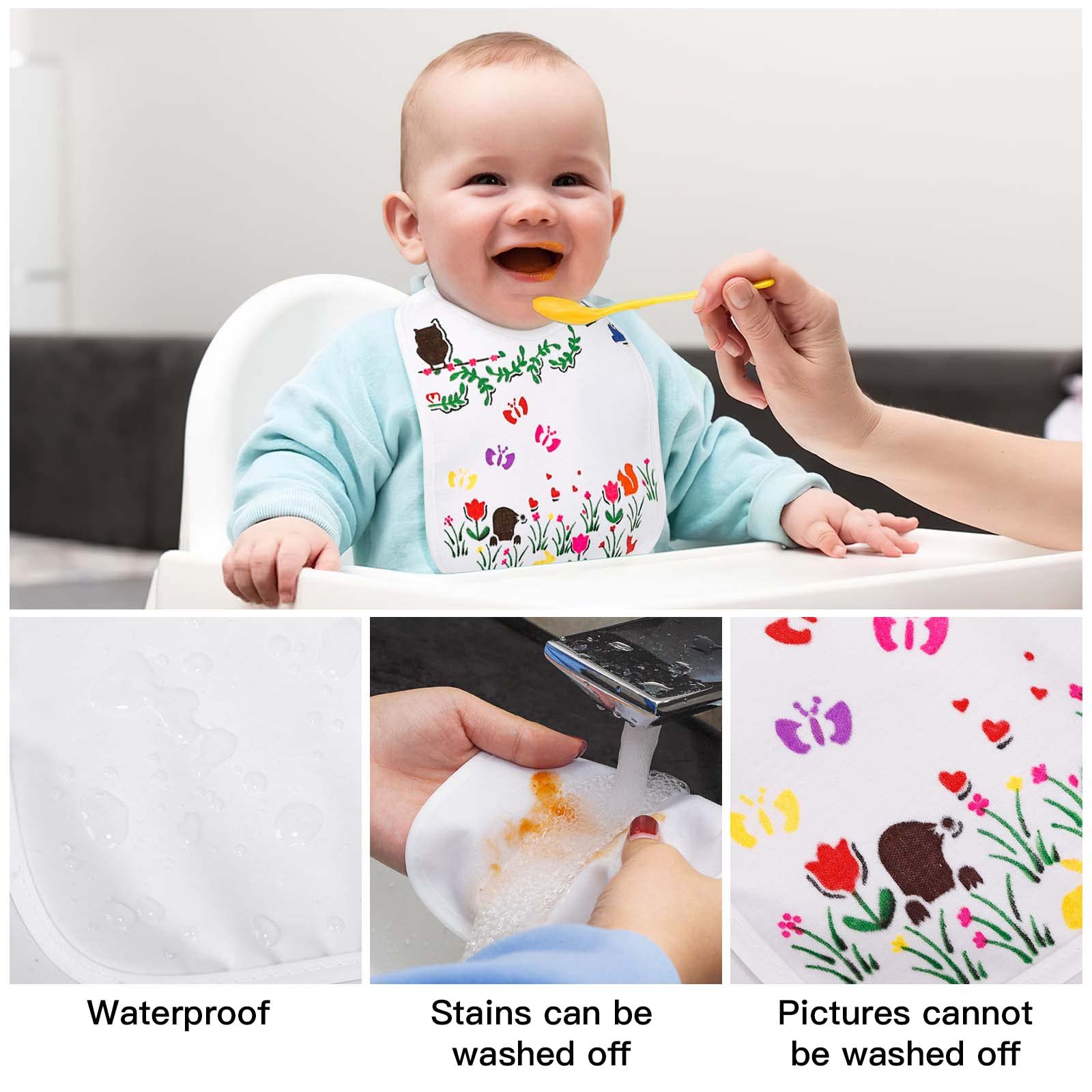 12 do pomalowania z 12 kolorowymi pisakami do tkanin i 3 szablonami, dwustronne dziecięce śliniaki, białe do malowania, prezent na przyjęcie baby shower DIY
