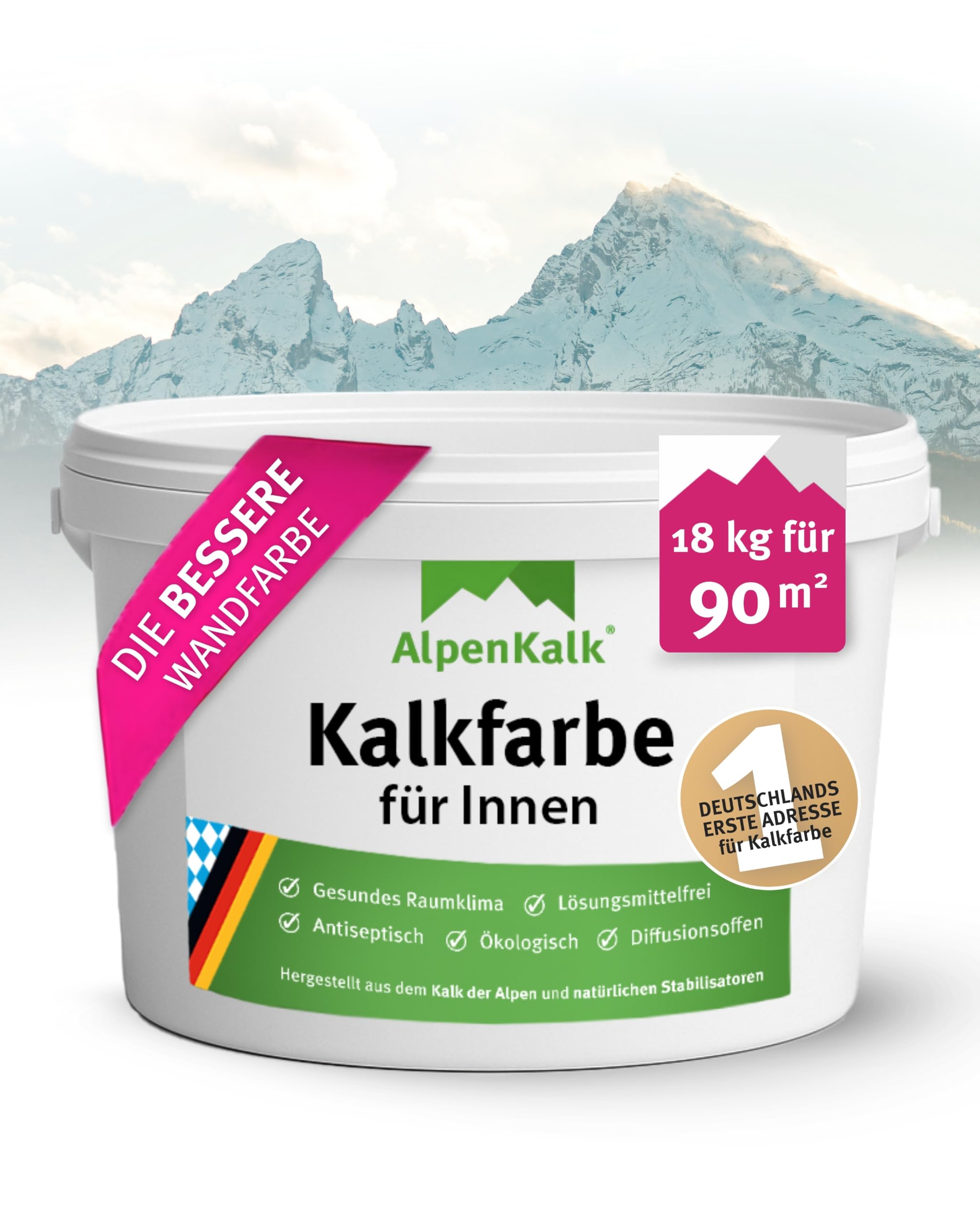 Weiße Kalkfarbe & Wandfarbe für Innenräume I 18 kg für ca. 90m² I Hochdeckend & wischfest für natürliches Raumklima I Atmungsaktiv mit Anti-Schimmel Formel I Für Allergiker & Kinder