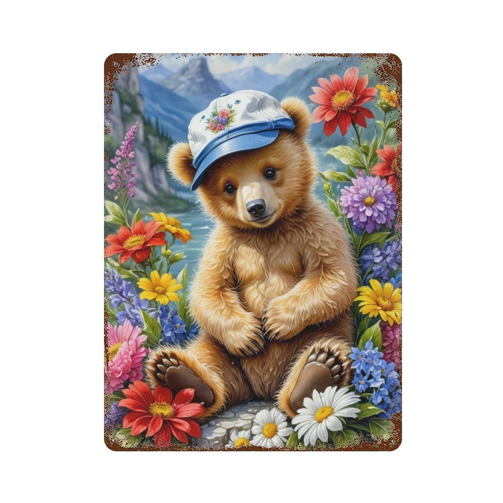 Cute Bear with Flowers Decorative Tin Sign 15.7"x11.8", Shabby Chic Decor for Garage, Pub Or Kitchen