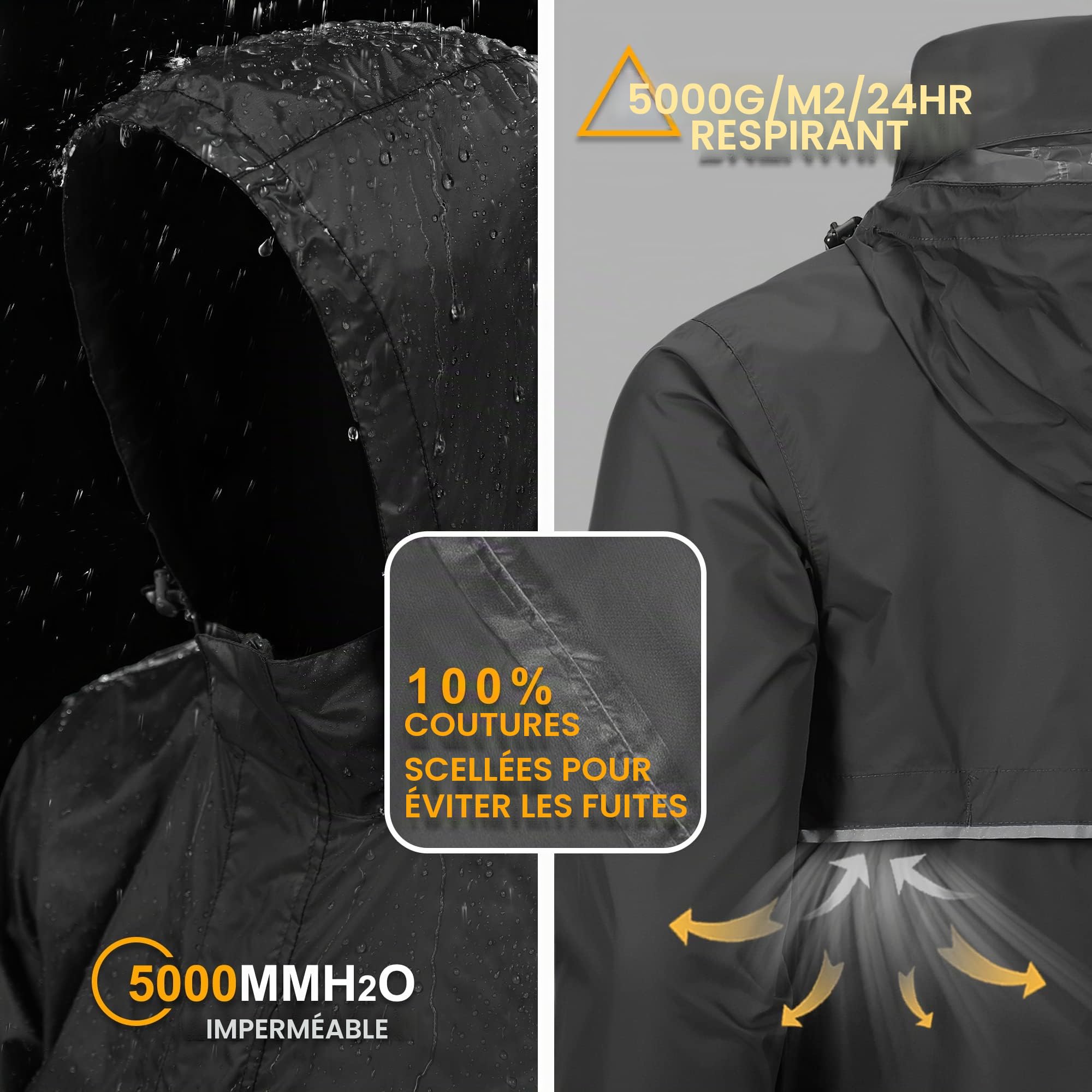 Outdoor Ventures Veste de pluie pour homme - Pull imperméable avec capuche - Veste réfléchissante pliable - Veste coupe-vent légère - Veste softshell respirante pour la randonnée, la course à pied