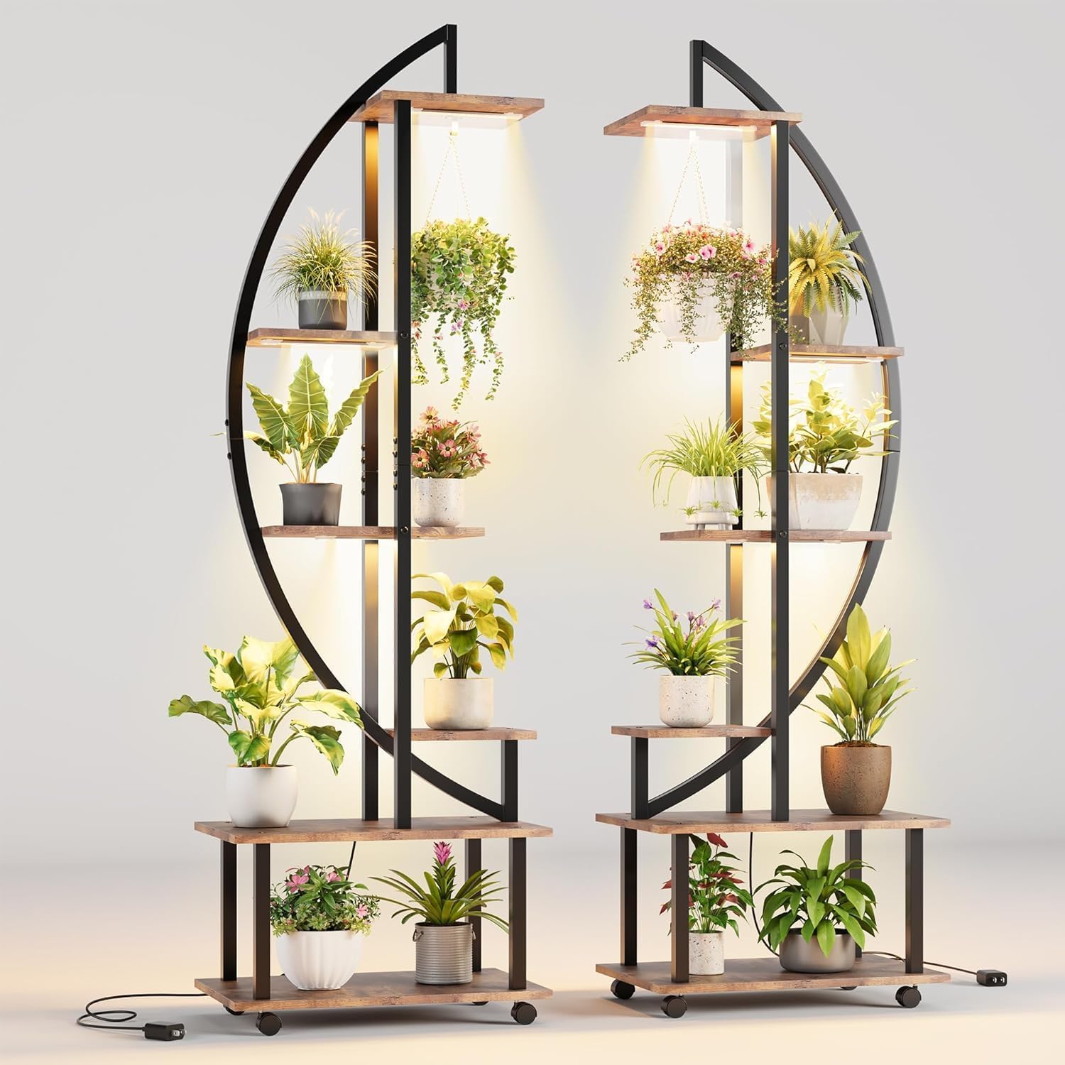 Pflanzenregal mit Licht, 2 Stück, Pflanzenständer Indoor mit Wachstumslicht und Rollen, 6 Ebenen 175cm Hoch, Große Blumenregal für Wohnzimmer, Balkon und Garten