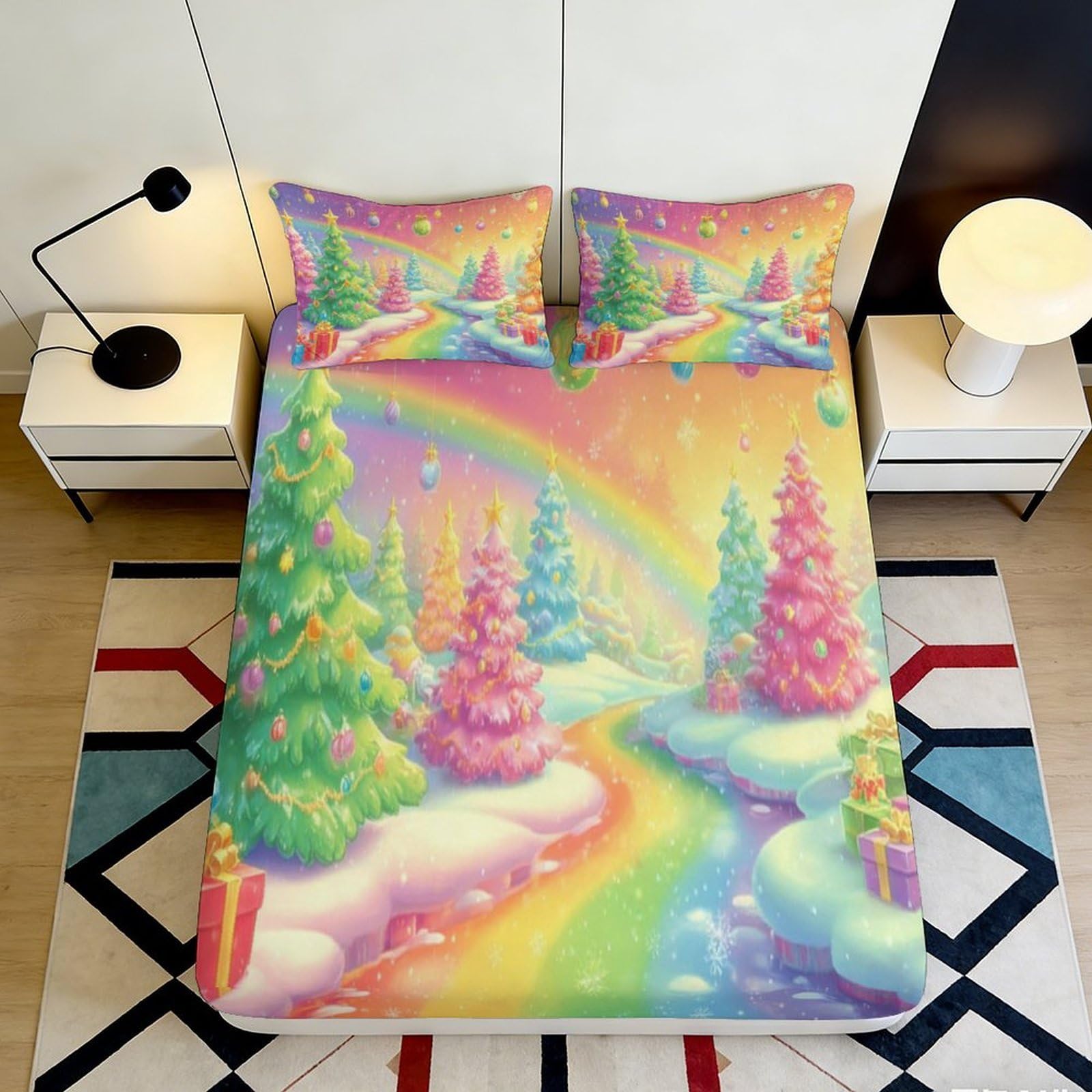 3D Printed Rainbow Fantasy Forest Fitted Sheet Microfiber Soft Colorful Dreamland Bed Cover for Bedroom Guest Room Decor 90x200x25cm