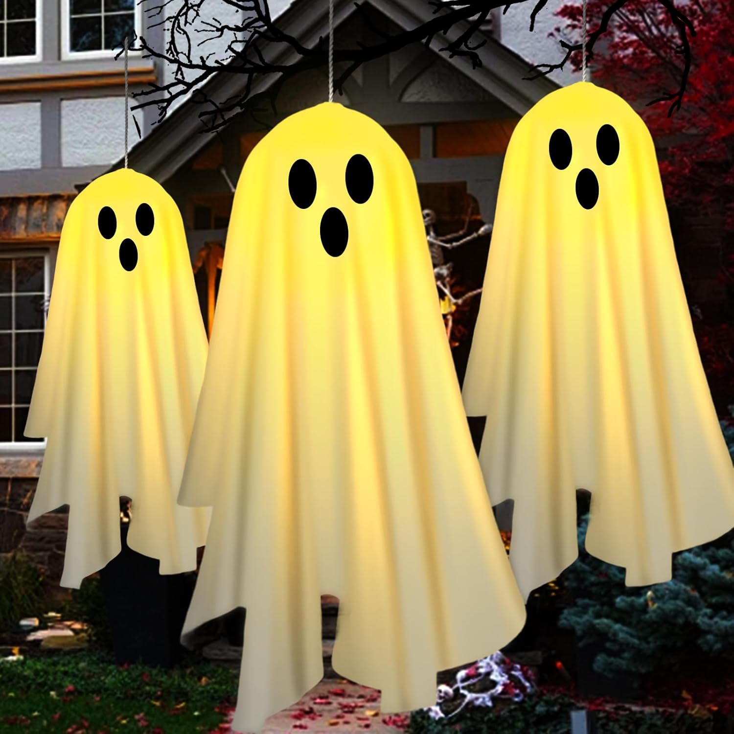 2PACKS Solar Hanging Ghost Lights for Halloween Decorations Outdoor,Light up Spooky Ghosts with Warm Yellow LED Lights,Halloween Floating Light for Yard,Porch,Creepy Party Decor