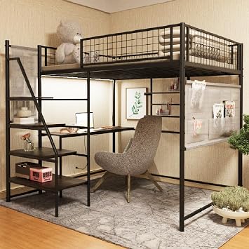 Bellemave Full Size Loft Bed with Desk, Metal Loft Beds with LED Lights & Charging Station, Heavy Duty Metal Loft Bed Frame with Shelves, Safety Guard & Storage Stairs, No Box Spring Needed Black