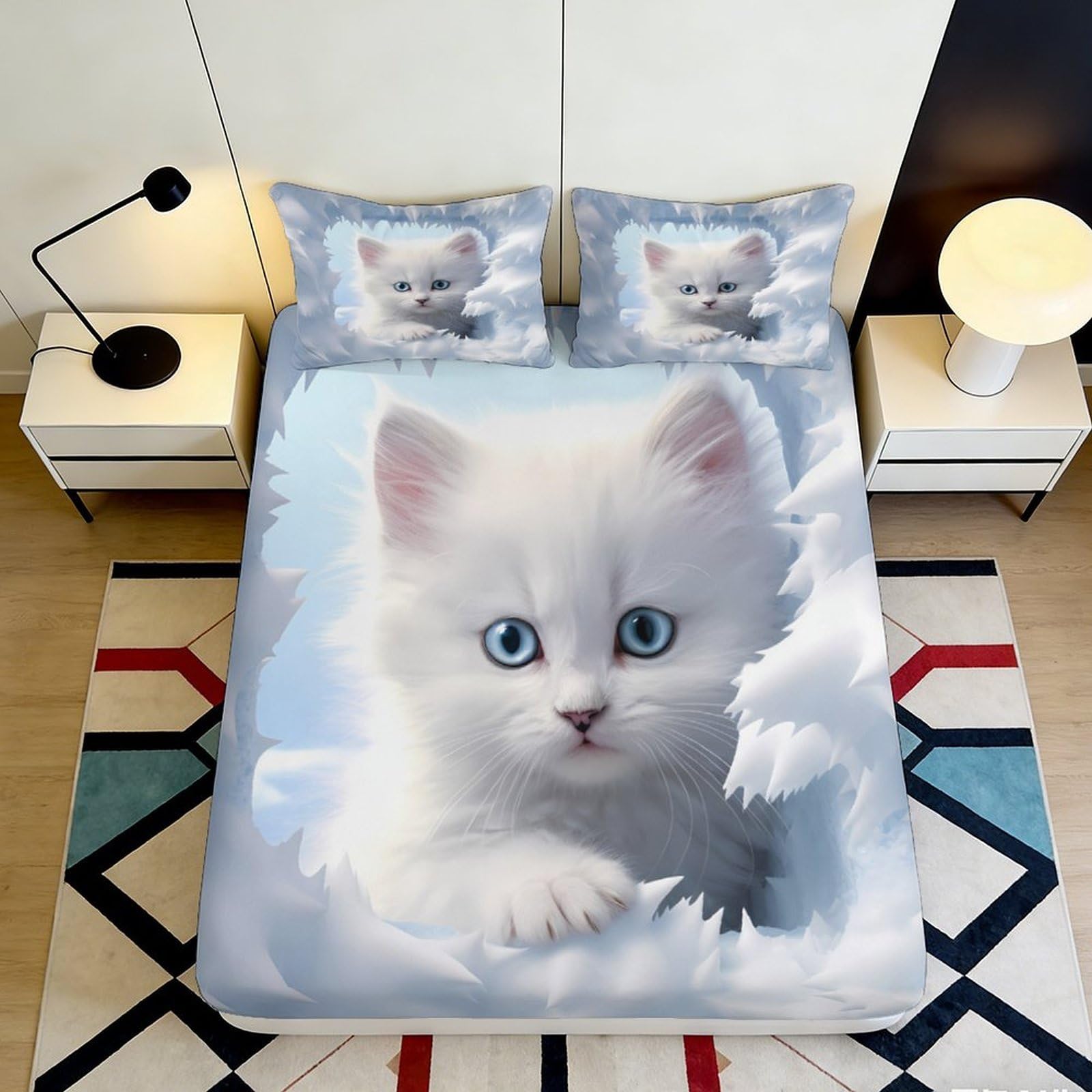 3D Printed White Kitten Fitted Sheet Microfiber Soft Anti-Slip Cute Cat Mattress Cover for Bedroom Decor Easy Care 90x200x25cm