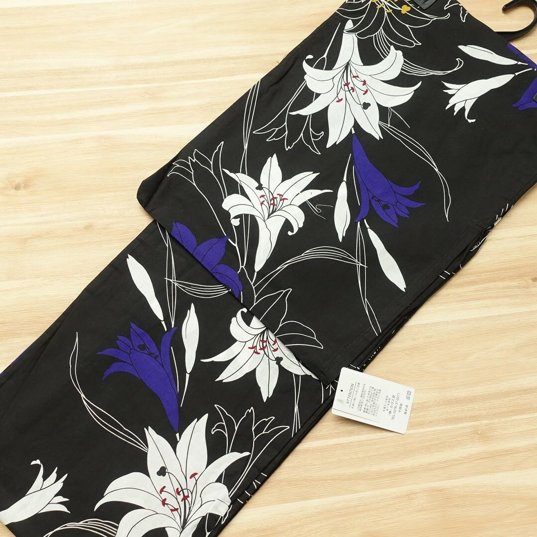 【浴衣3点セット】黒縞に百合 美品 フリーサイズ 新品未使用品 浴衣3点セット】黒縞に百合 美品 フリーサイズ 新品未使用品