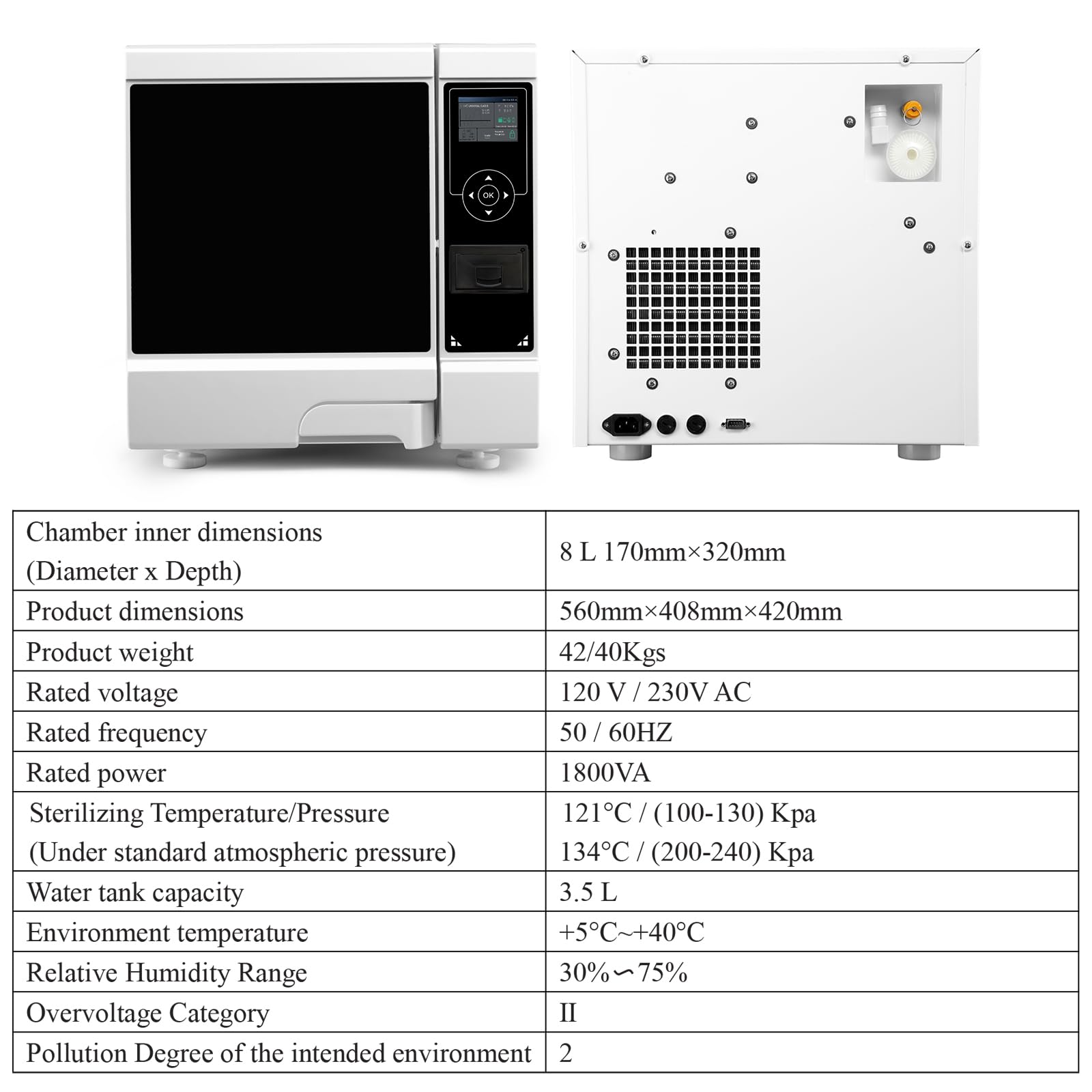 Autoclave esterilizador de vapor de 8 L, alta presión previa al vacío, ciclo de secado al vacío por pulsación y pantalla LCD