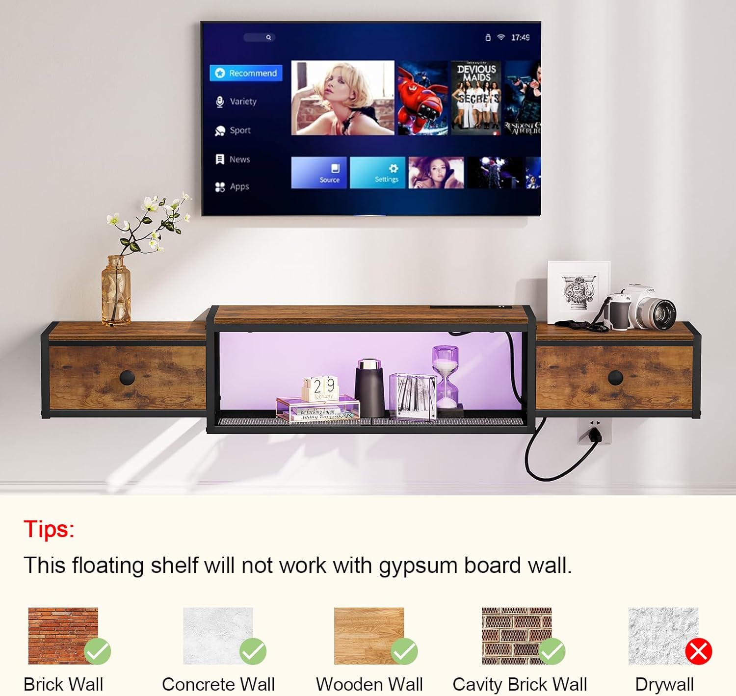 Snughome 63" Floating TV Stand with Power Outlets, Wall Mounted Entertainment Center with LED Lights, Floating TV Shelf with Drawer, Media Console Shelf for Living Room,for Under TV Storage, Bedroom
