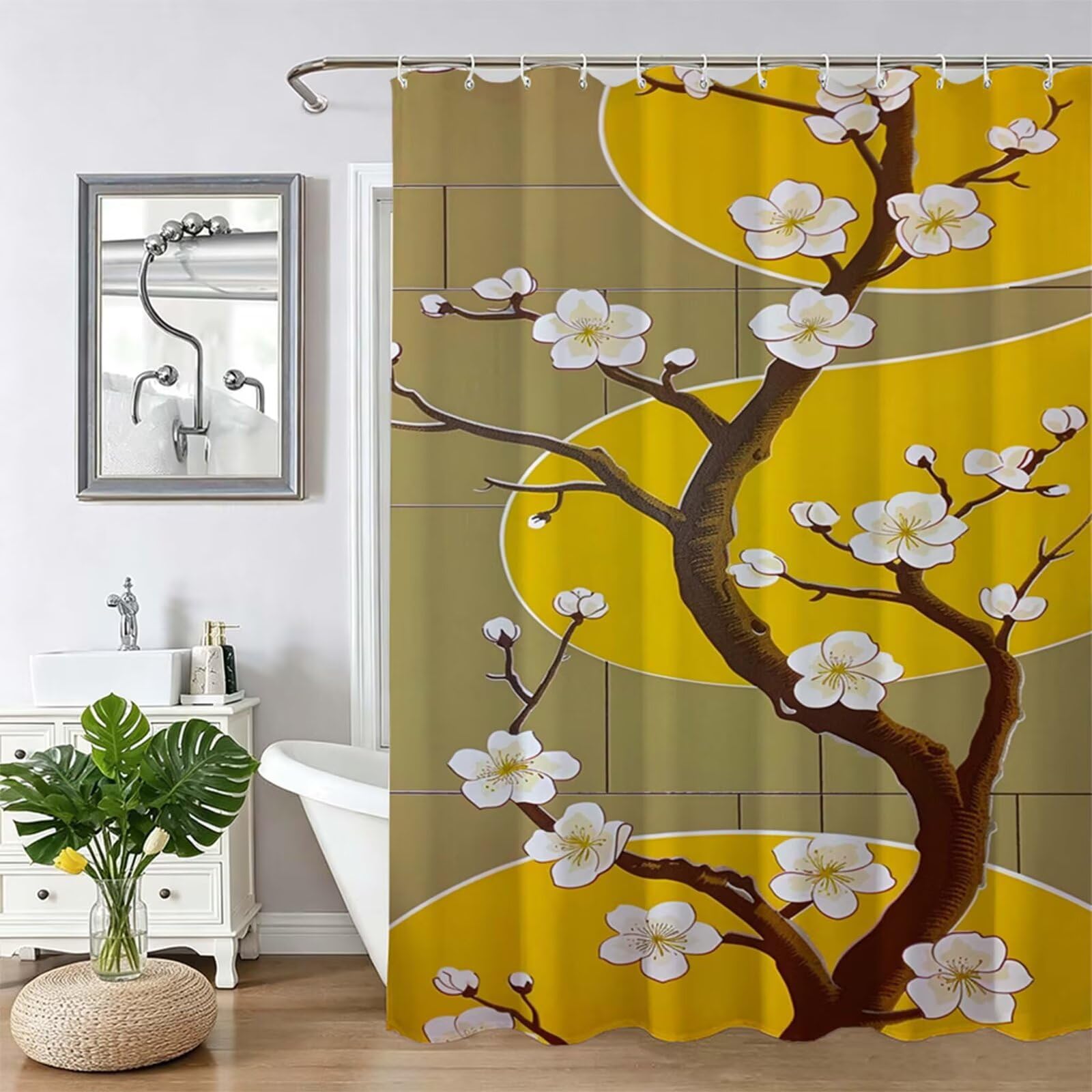Tenda Doccia in Poliestere giallo,Tende per Doccia Extra Lunga 230x180cm,Albero Tenda Vasca da Bagno Tessuto Lavabile,Impermeabile e Facile da Pulire,con 12 Ganci,Decorazione per Bagno,Hotel Z-258