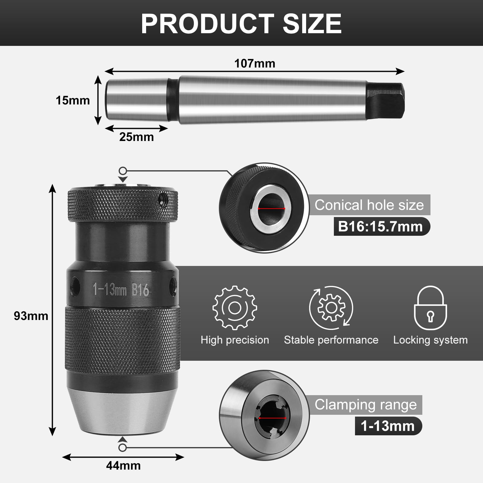 Mandrin Auto-serrant MaKu7 1-13mm Cône B12 – Fabriqué En Allemagne