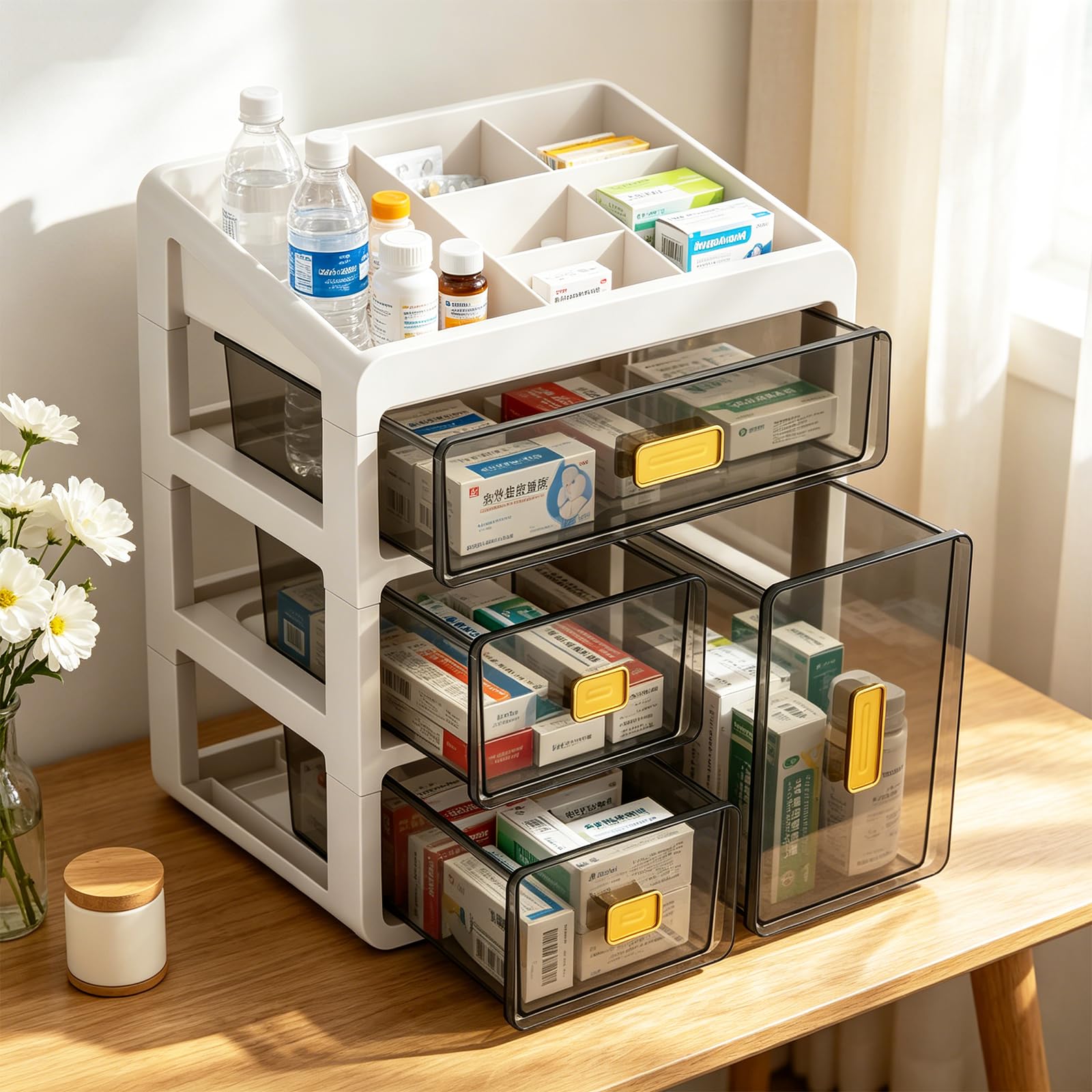 Boîte de Rangement à Quatre Tiroirs,Armoire Pharmacie en Plastique Blanc,Organiseur de Médicaments avec Tiroirs Transparents,Grand Rangement pour Medicaments et Petits Cosmétiques,pour Maison Bureau