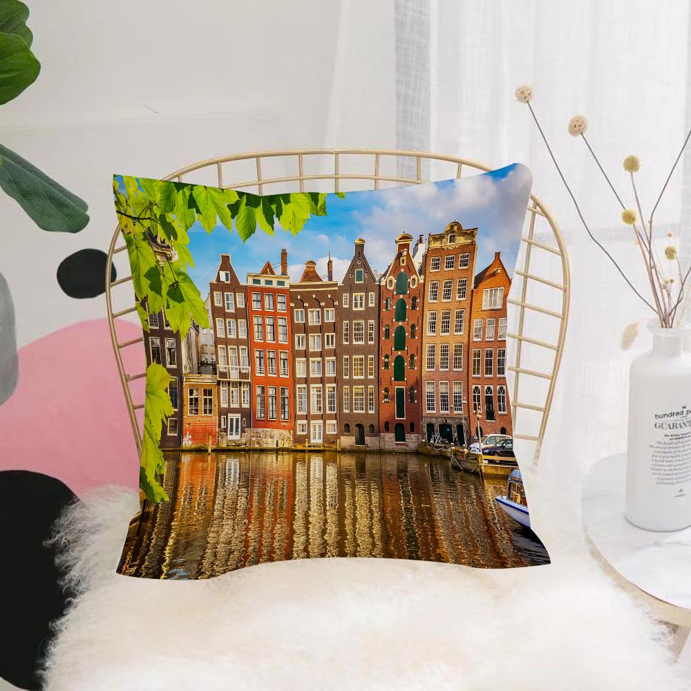 HYMSXW Cushion Cover,Throw Pillow Case Home Decorative for Living Room Bedroom Sofa Chair 20X20 Inch,Cityscape, old buildings in Amsterdam Noord Ferry Cultural Netherlands city wit,Pillowcase 50X50cm