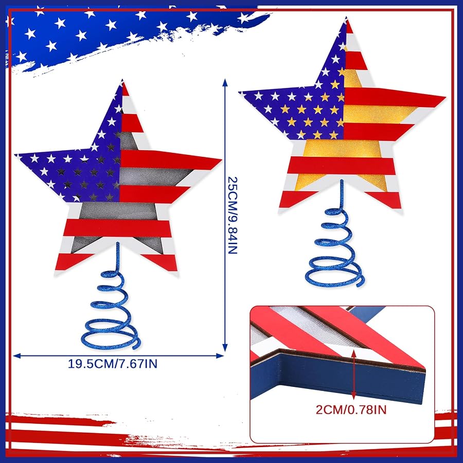 Fangoo 9.8 Inch 4th of July Patriotic Star Tree Topper with LED Lights Memorial Day USA 250th Anniversary Red White and Blue Christmas Tree Toppers for Independence Day Home Office Party Decor - image 3