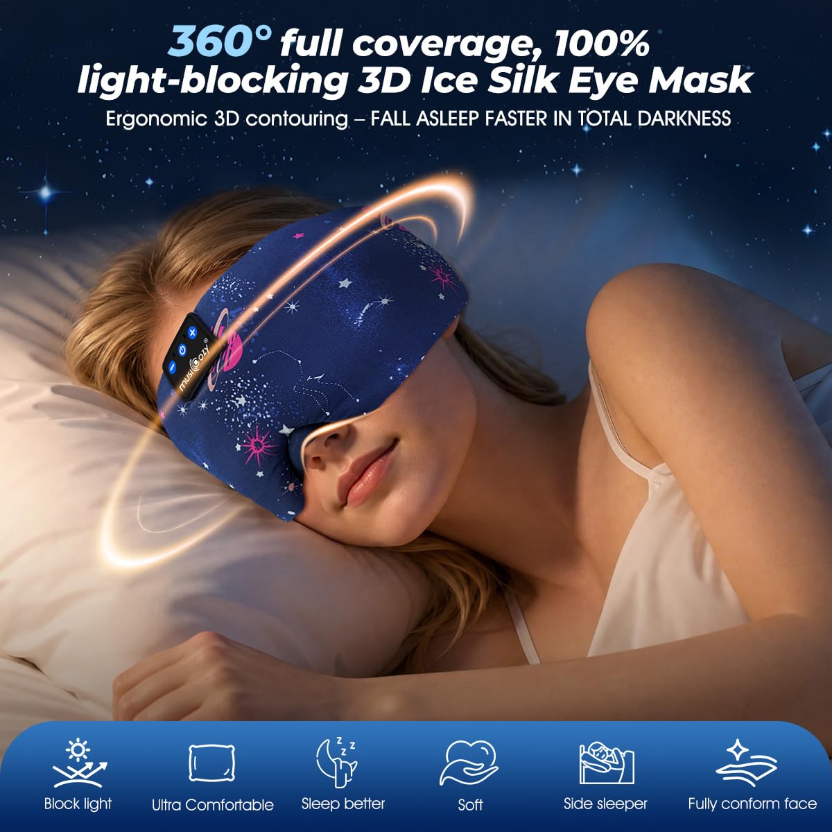 MUSICOZY Máscara de seda para dormir, 100% opaco, 3D, con auriculares, color azul