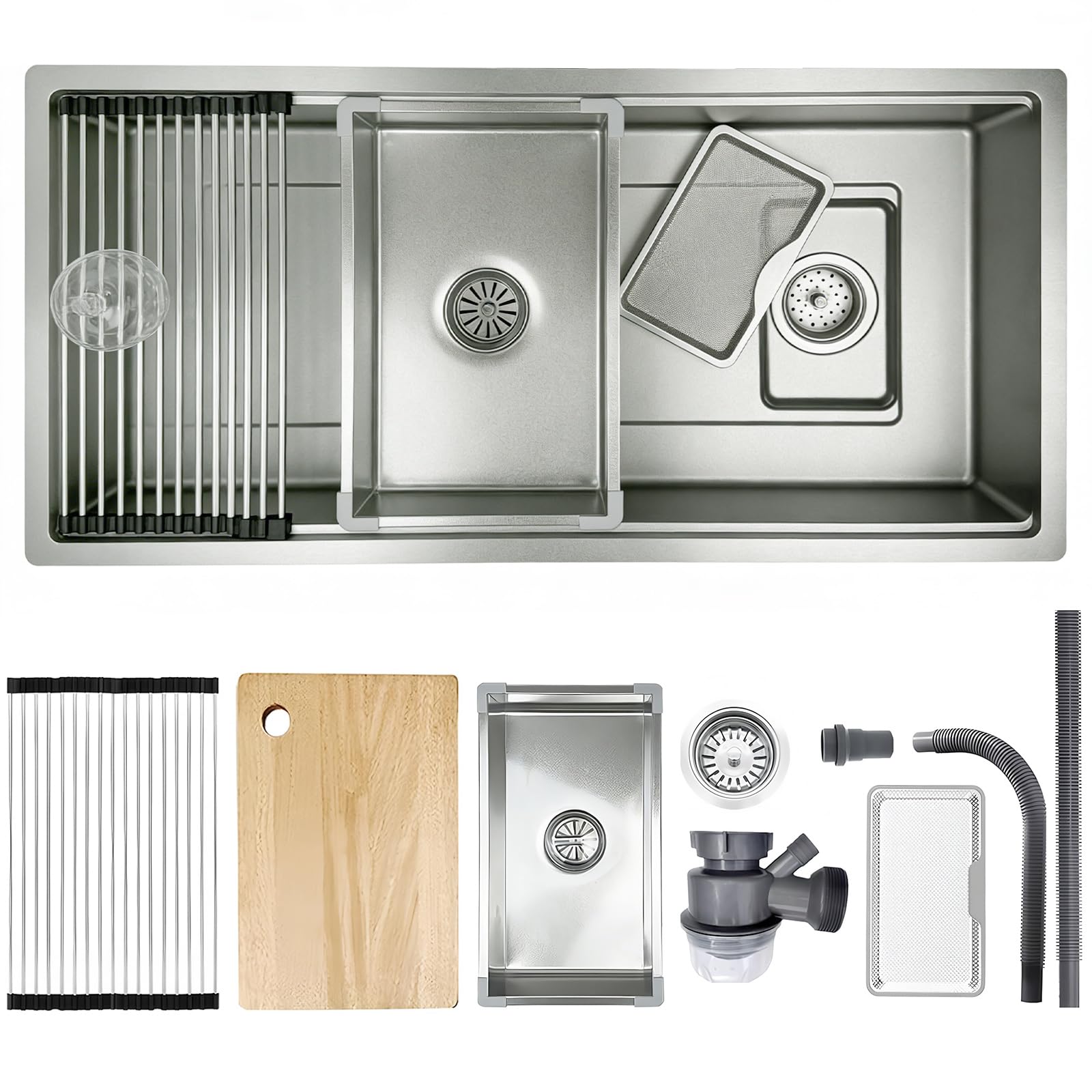 ZQFHSX 304SUS Stainless Steel Kitchen Sink, 80 x 50 cm, Silver 1 Basin, Built-in Rectangular, with Draining Board, Drain Fitting and Overflow Kit for Undermount