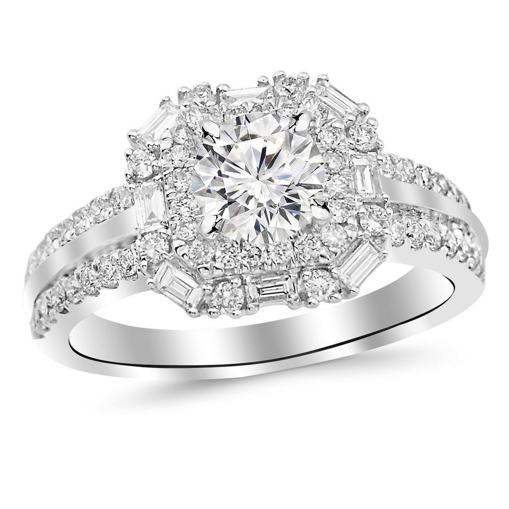 Houston Diamond District1.97 Carat 14K White Gold Double Row Baguette and Round Halo GIA Certified Round Cut Diamond Engagement Ring (1.22 Ct K Color VS2 Clarity Center Stone)