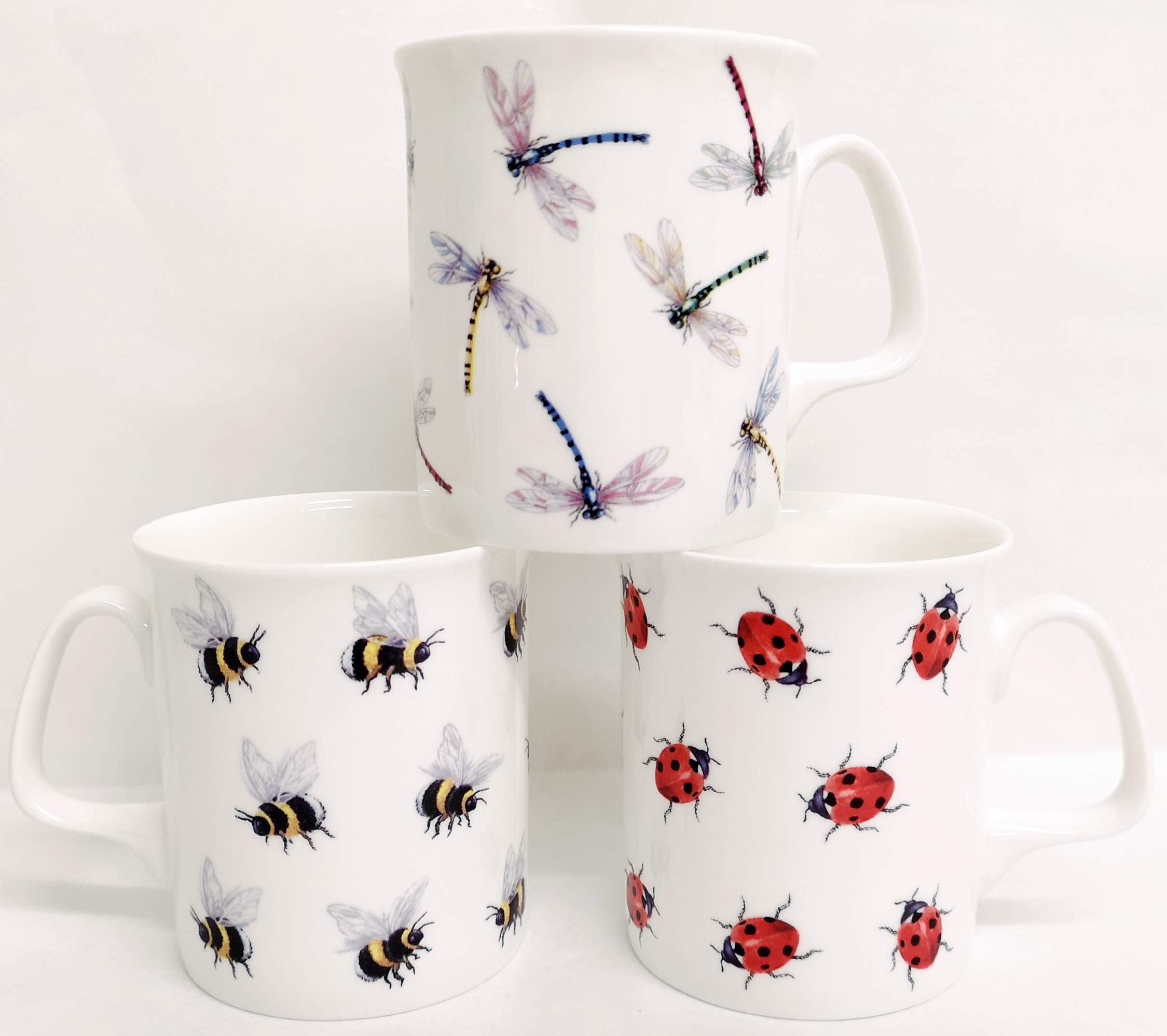Bees Dragonflies & Ladybirds Mugs Set of 3 fine Bone China bee Dragonfly Ladybird Cups Hand Decorated in UK