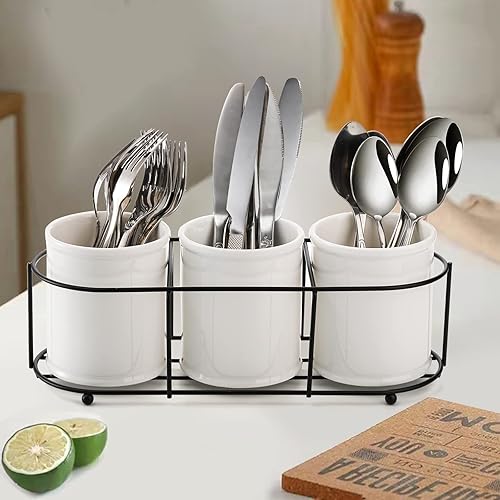 Miniatura 4 de Bekith 3-Piece Ceramic Silverware Caddy with Metal Rack, Utensil Holder Flatware Caddy Cutlery Storage Organizer for Kitchen Table, Cabinet or Pantry