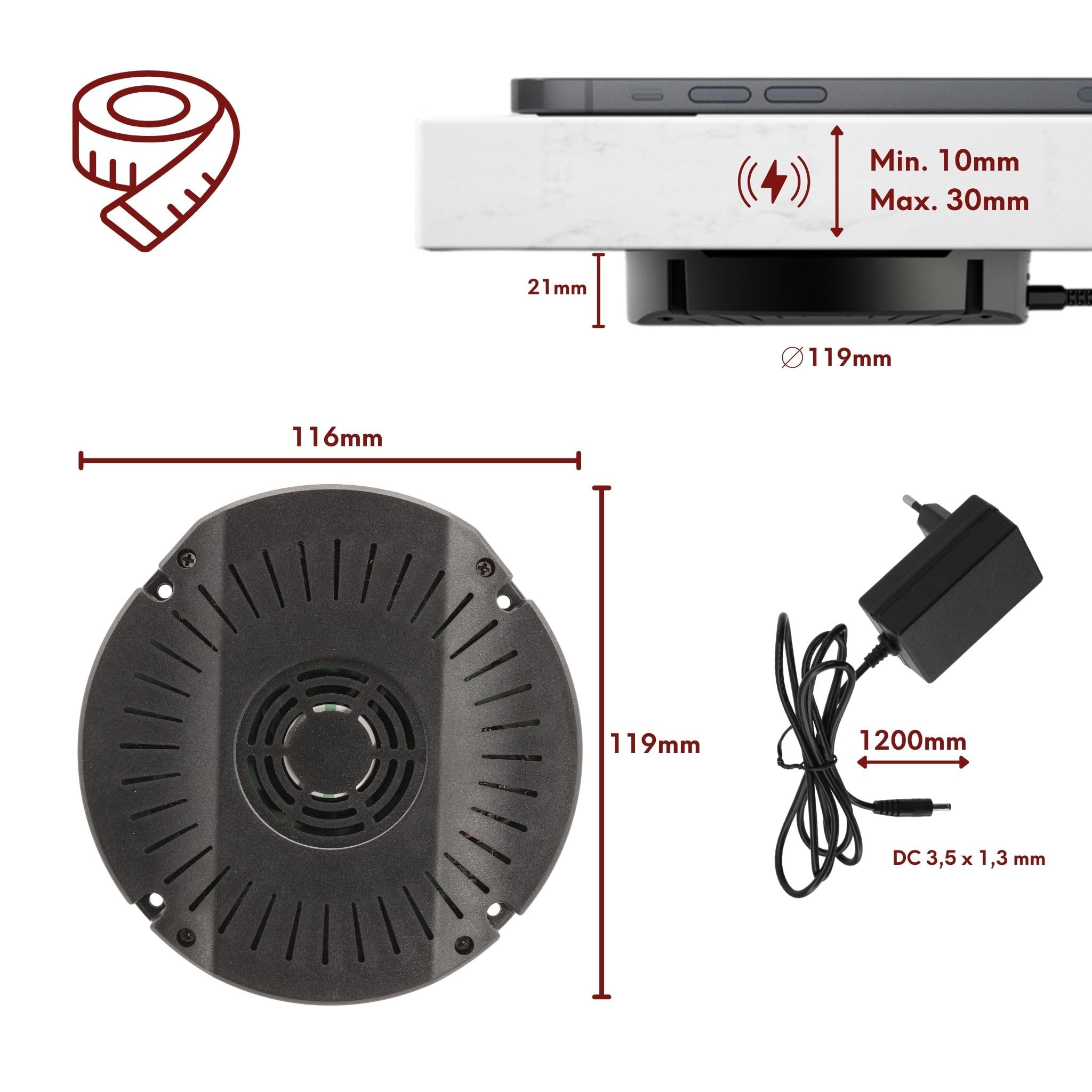 Kalb | DualCharge caricabatterie wireless da 10 W con uscita USB da 15 W, supporto fino a 30 mm, invisibile, caricatore a induzione con ventola, alimentatore di rete, cavo da 1200 mm