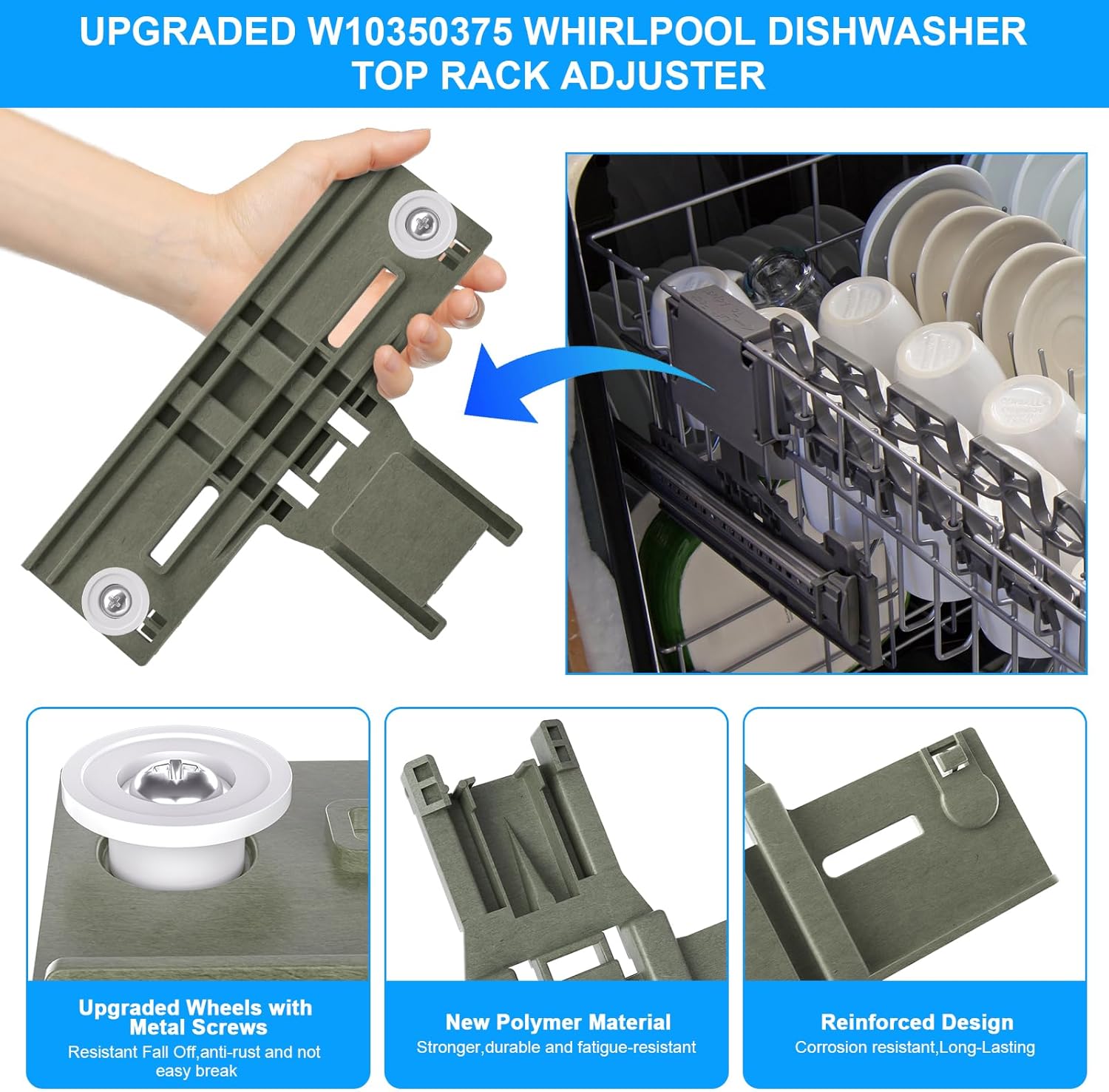 (13 Pack) UPGRADED W10350375 Dishwasher Top Rack Parts & W10320664 W10320665 Adjuster Housing for Kenmore Whirlpool Dishwasher Parts WDT730PAHZ0 WDT750SAHZ0 WDTA50SAHZ0 WDT970SAHZ0 Upper Rack Parts