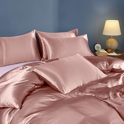 Miniatura 3 de Horbaunal Juego de funda de edredón de satén de 5 piezas, tamaño queenmatrimonial, color oro rosa con lazos en las esquinas y cierre de cremallera,