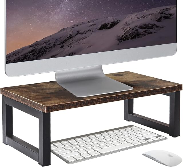 OROPY Wood Vintage Monitor Stand Holder, PC Laptop Computer Screen Riser, Desktop Storage Organiser Shelf for Home or Office, 40 x 23 x 14cm, Dark Brown