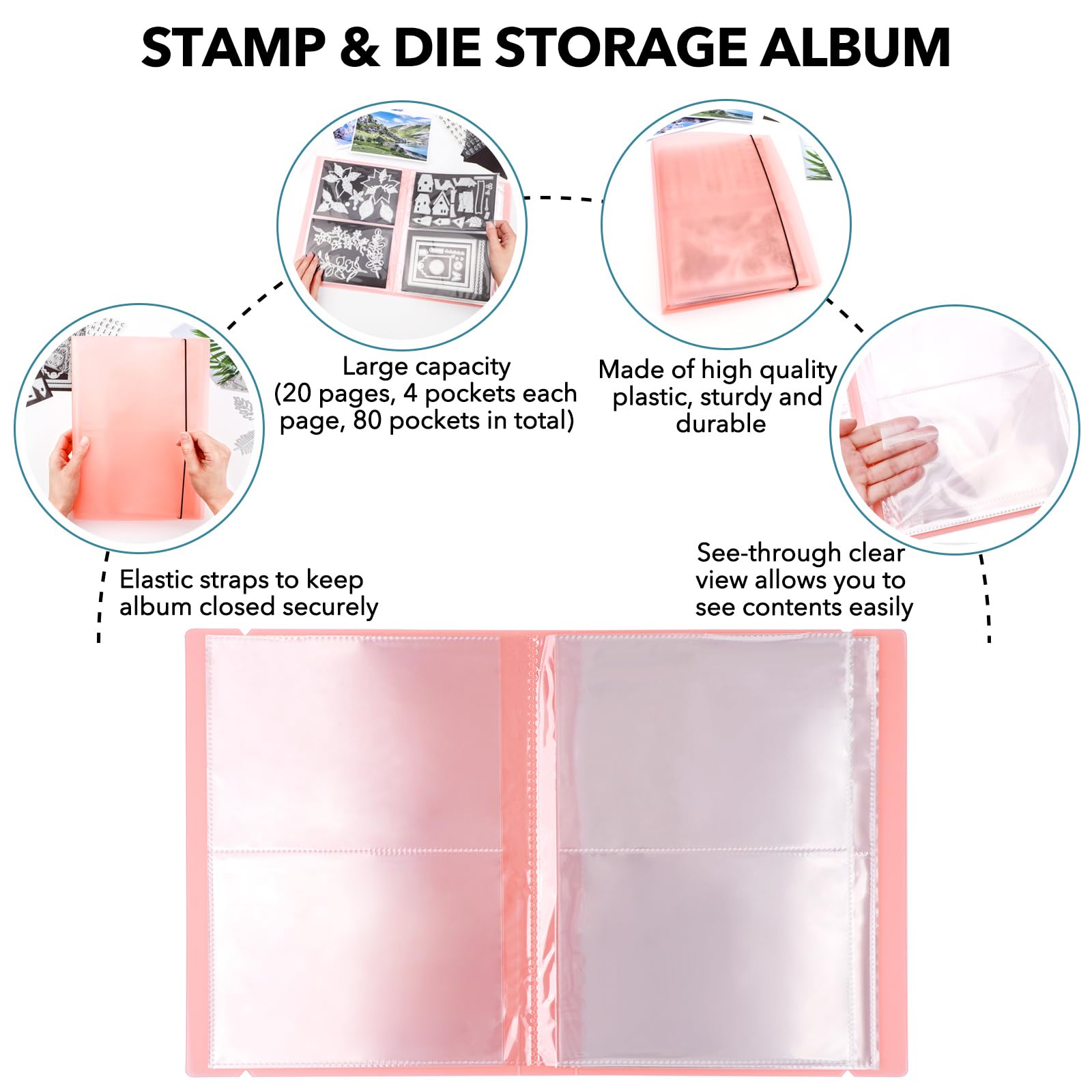 OTCRAFT 20 Pages80 Pockets/1 Set Large Clear Sticker Photo Album; Organizer for Books, Cards, Stickers, Photos, Clear Stamps and Cutting Dies, 44.5 x 28 x 3.5cm (Black