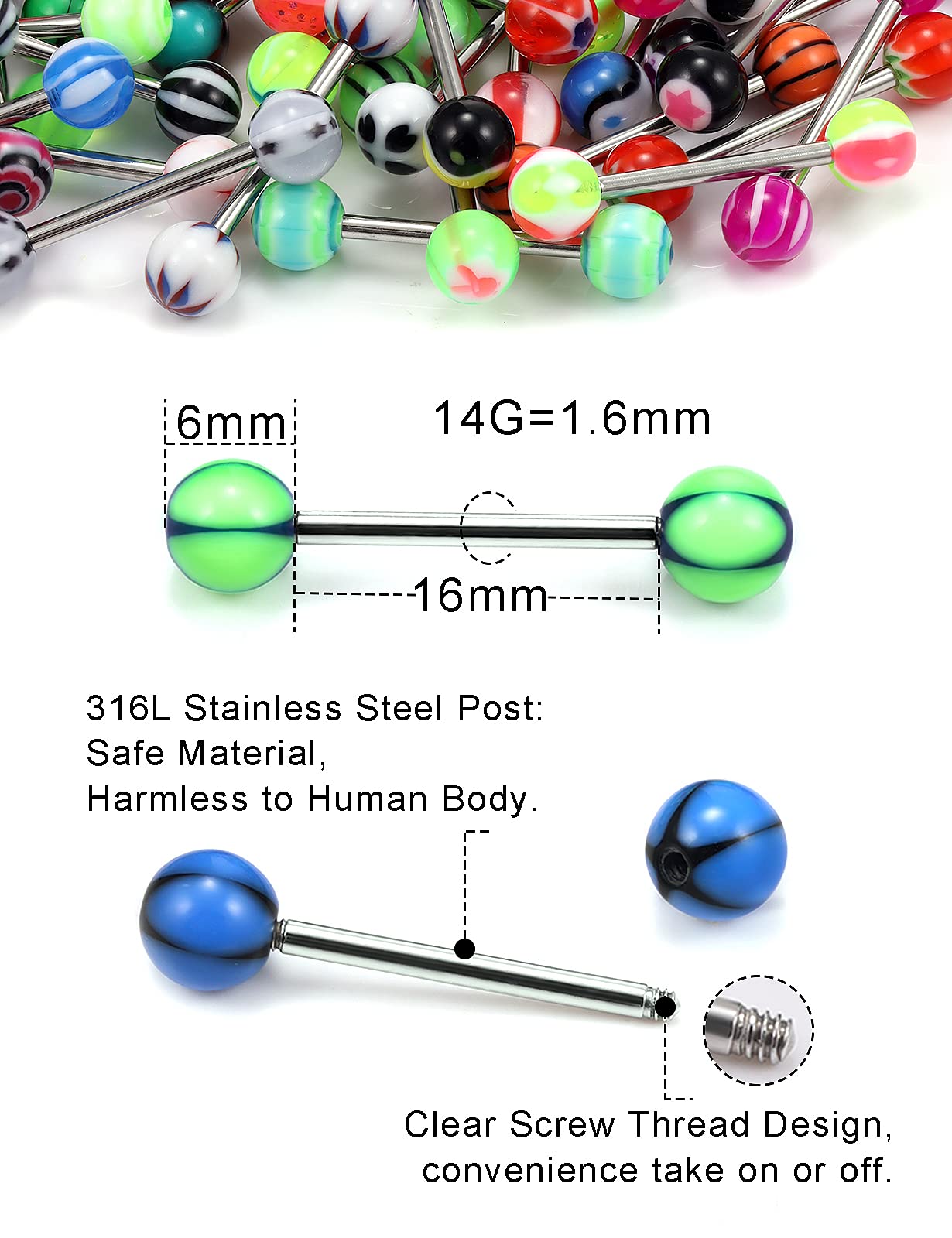100pcs 14g Tongue Rings Nipple Rings for Women Men Surgical Stainless Steel Tongue/Nipple Piercing Jewelry Plastic Metal Tongue Ring 16MM Acrylic Straight Barbells Body Piercing Jewelry: A-100PCS Metal Tongue/Nipple Rings 16mm