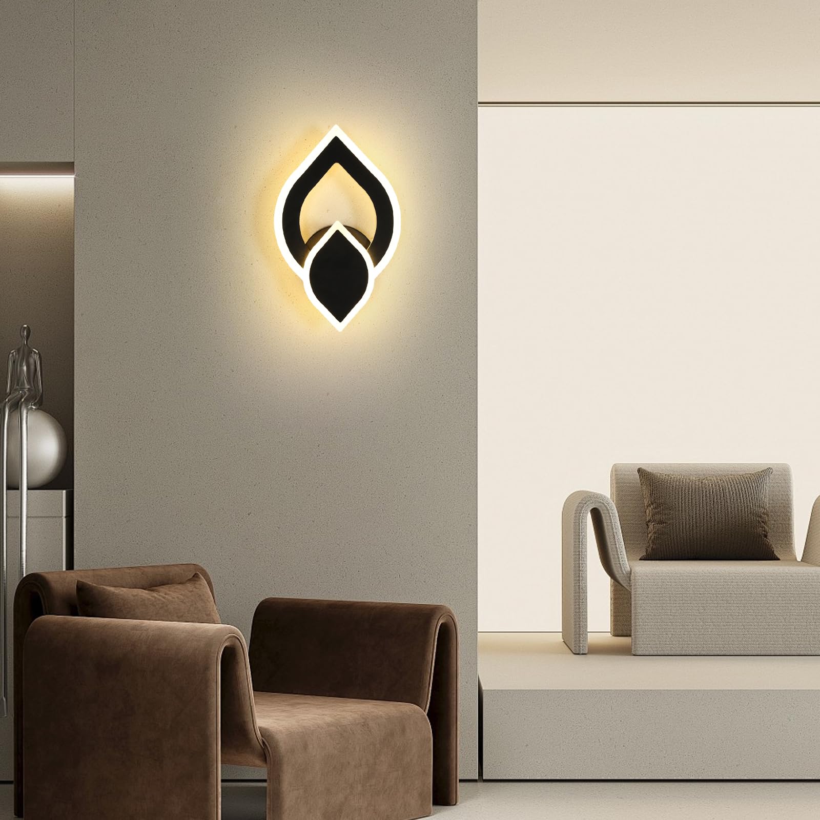 Applique da Parete Interno LED Nero, 2 Pezzi 16W 1800LM Lampada da Parete Camera da Letto, Lampada LED da Muro Moderno Cucina per Bagno Soggiorno Scale Corridoio, Luce Bianca Calda 3000K
