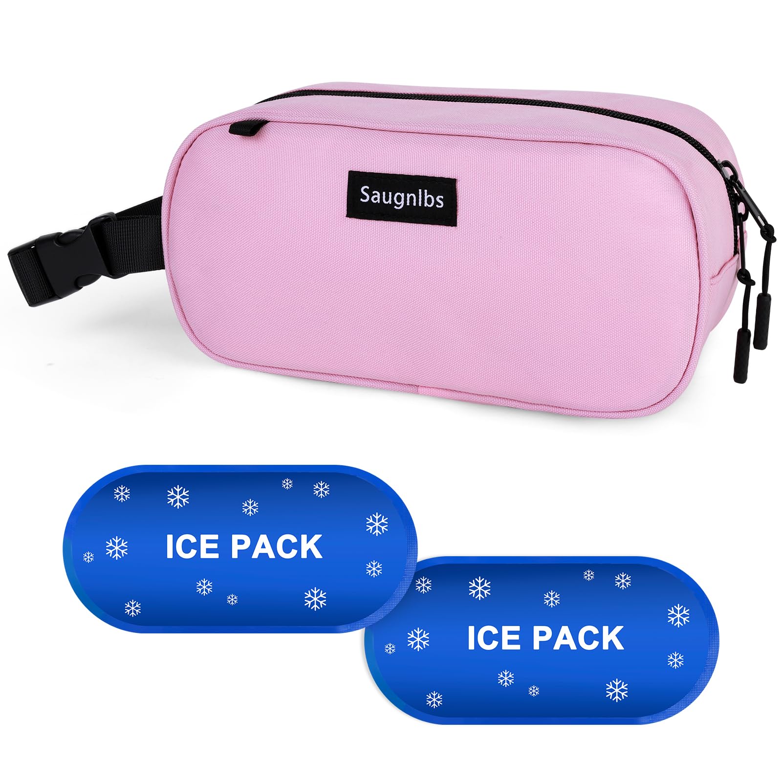 Saugnlbs Small Insulated Bag,Cool Bag Small,Mini Cool Bag,Freezable Lunch with 2 Ice Packs for Work School Travel,Freezable Snack Box for Adults,10“ x 4”x 5”Round,Pink