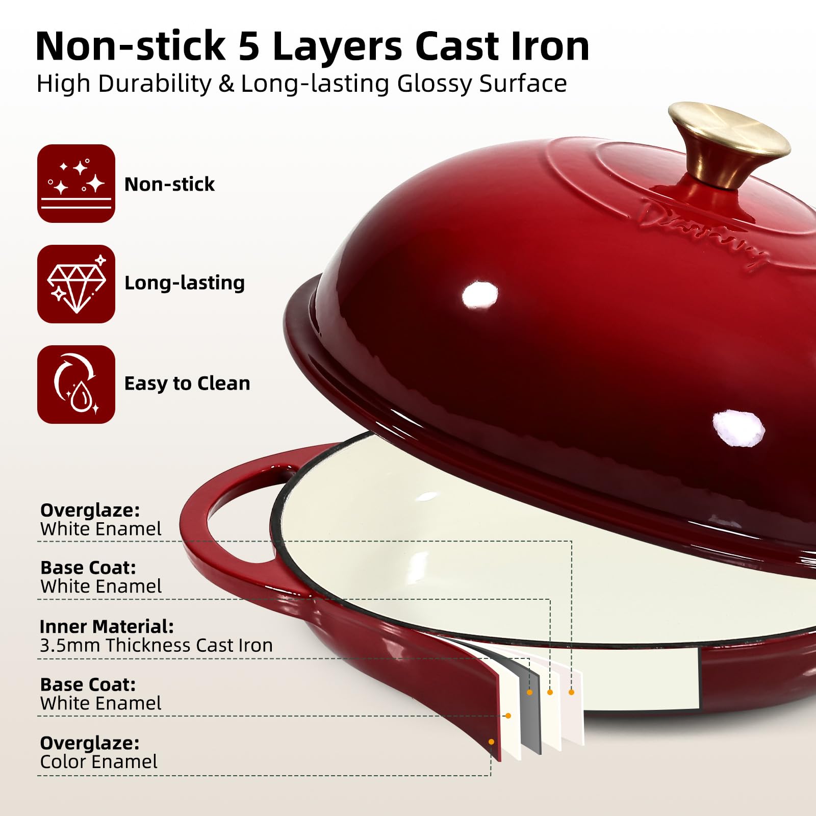 Davivy Forno olandese ovale in ghisa smaltata da 5,5 l, per pane a lievitazione naturale, pentola olandese con coperchio a cupola, pentola per il pane in ghisa (rosso rubino, con tappetino in silicone
