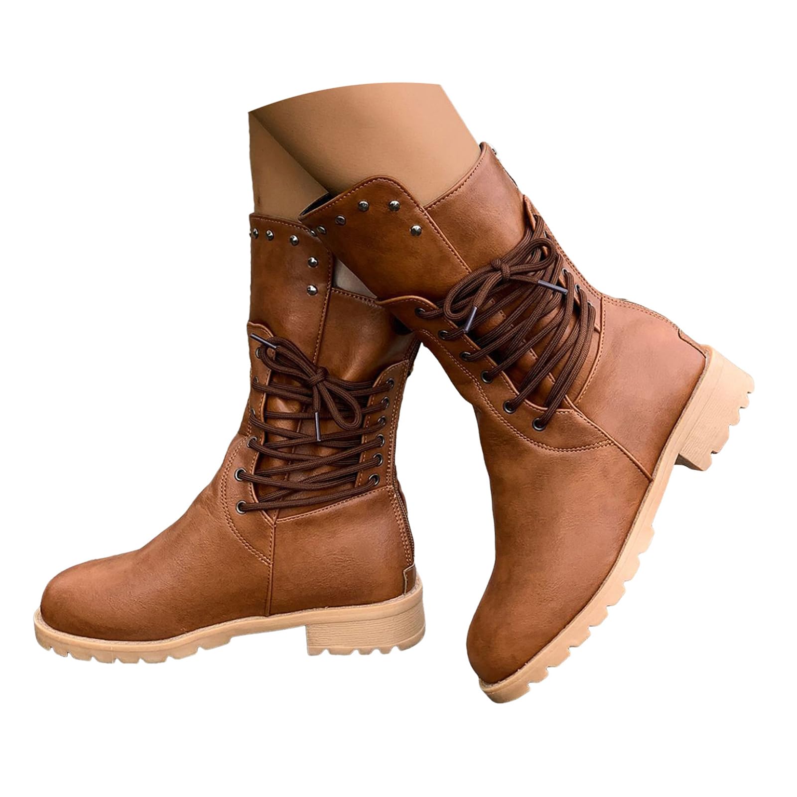 Womens Mid Calf Riding Boots Round Toe Equestrian Style Booties with Block Heel Lace-Up Closure Faux Leather Rubber