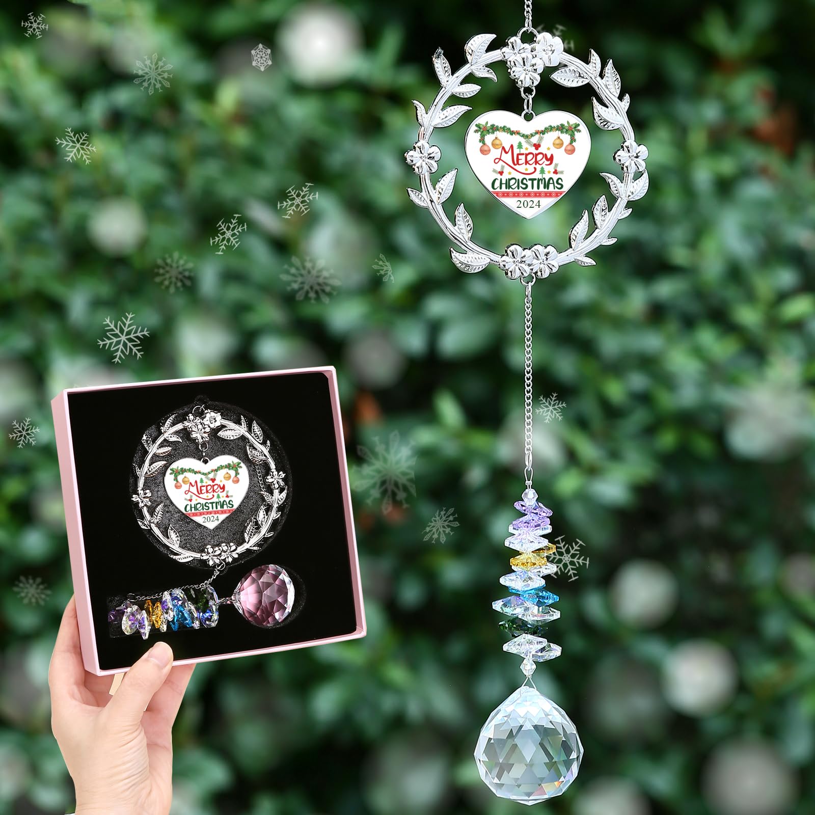 Christmas Ornament Window Crystal Prism Sun Catcher Happy New Year Message, Rainbow Maker Hanging Decoration Gifts for Women, Sun Catcher Hanging Gift Ideas for Christmas Tree (Merry Xmas)