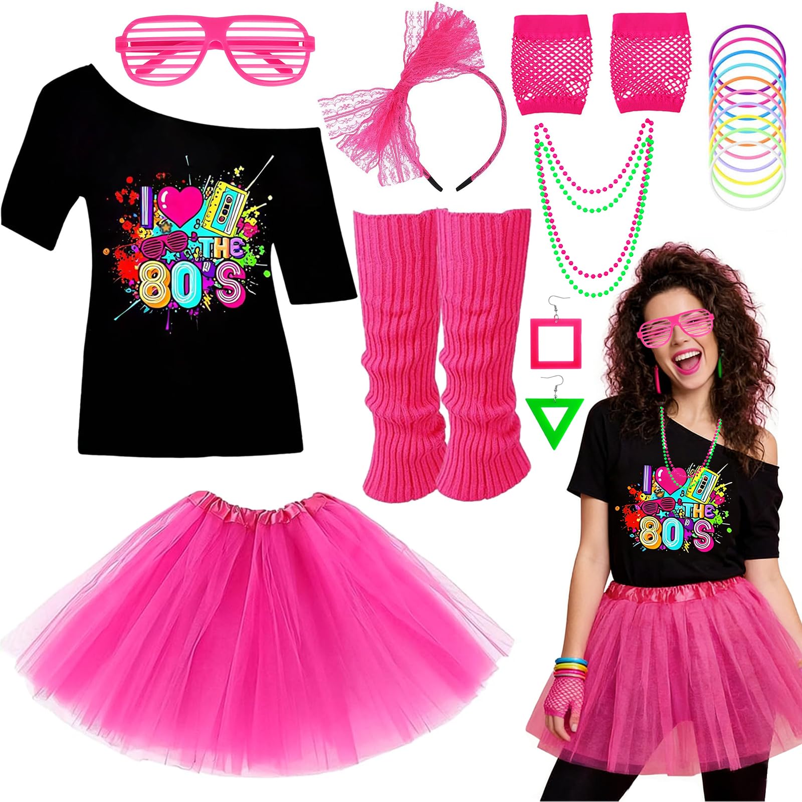 80s Fancy Dress Outfit for Women, Retro 1980s Costume Set with Off Shoulder T-Shirt Tutu Skirt Leg Warmers Gloves Headband Glasses Earrings Necklace Neon Bracelets for Hen Party Outfit (Rose Red, L) — image 1