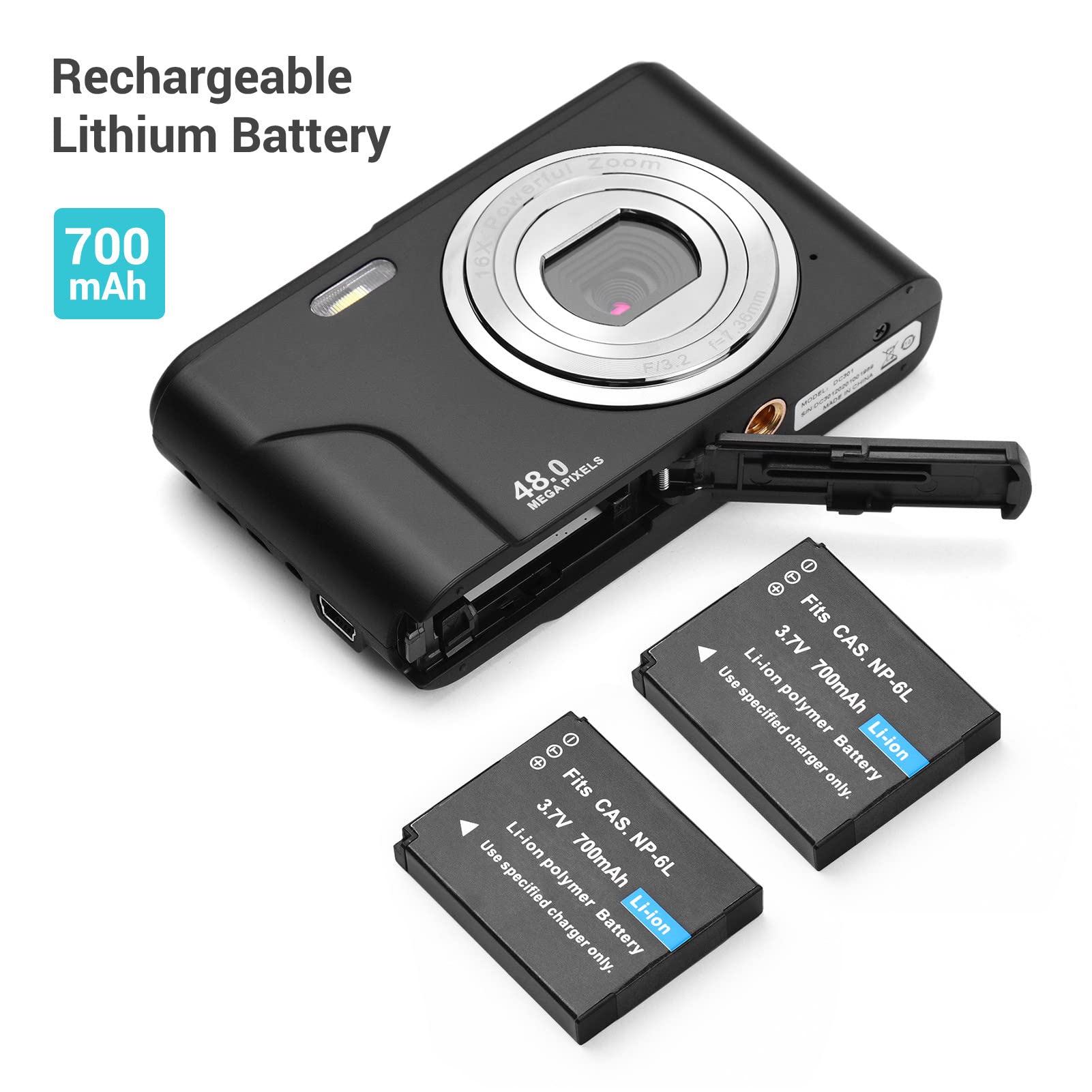 Andoer Aparat cyfrowy 48 MP 1080p 2,4-calowy ekran IPS 16-krotny zoom autofokus samowyzwalacz 128 GB rozszerzona pamięć, rozpoznawanie twarzy, funkcja anti-shaking z 2 bateriami, pasek na rękę, torba do przenoszenia