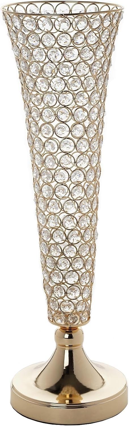 BalsaCircle 2 pcs 24-Inch Tall Gold Crystal Beaded Trumpet Vases - Wedding Party Dining Home Centerpieces Decorations