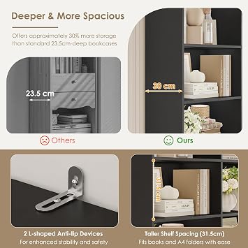 FirFurd Bookcase 180cm Tall Bookshelf with Drawers & Open Compartment Black | Living Room Bookcase with 4 Drawers & Vintage Handles, Freestanding Display Shelf for Living Room Home Office, 180x100x30cm