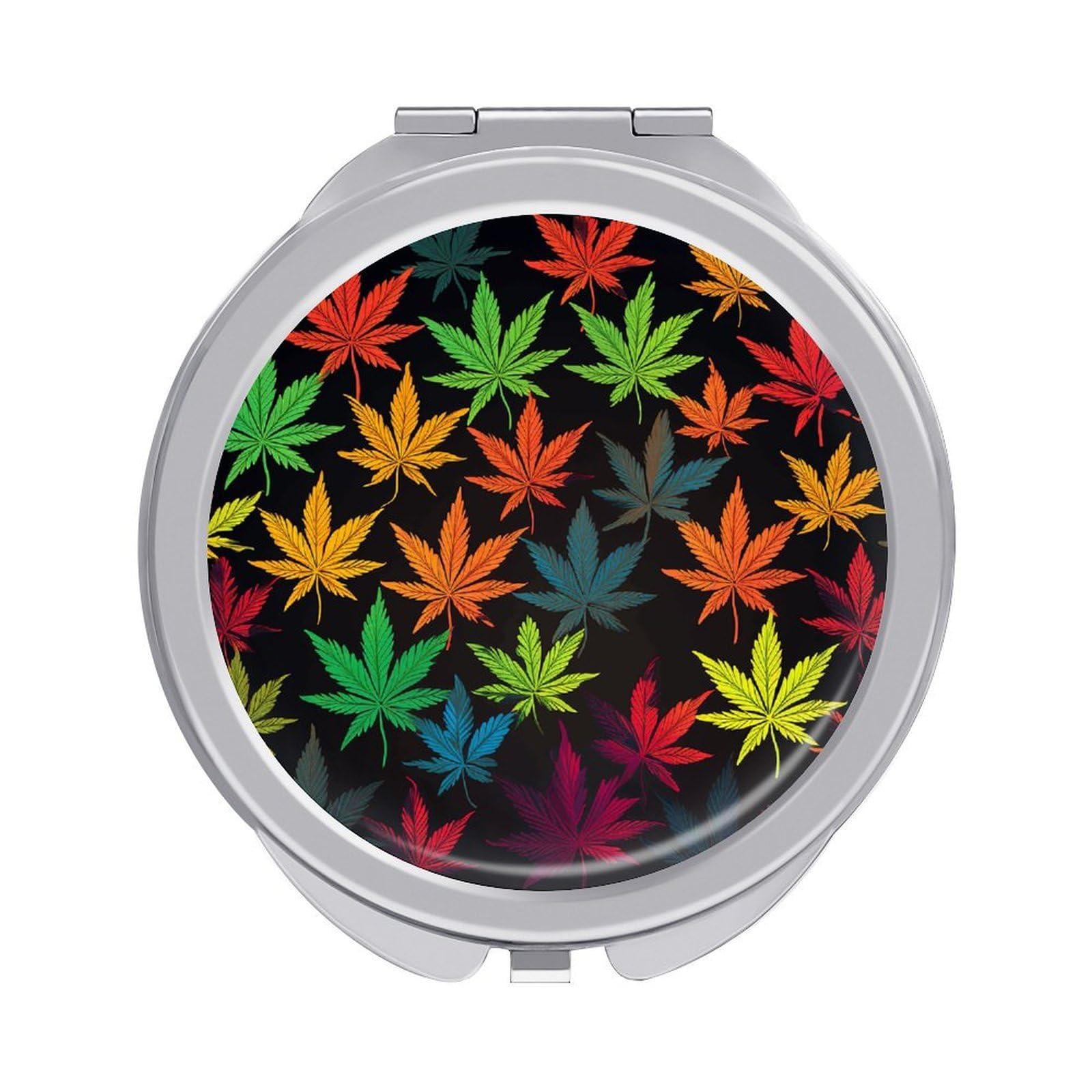 VstaDank Colorful Cannabis Leaves Travel Makeup Mirror Cute Compact Mirror for Women 1X/2X Magnifying Metal Pocket Makeup Mirrors Folding Round Makeup Mirrors for Handbag Wallet & Gift