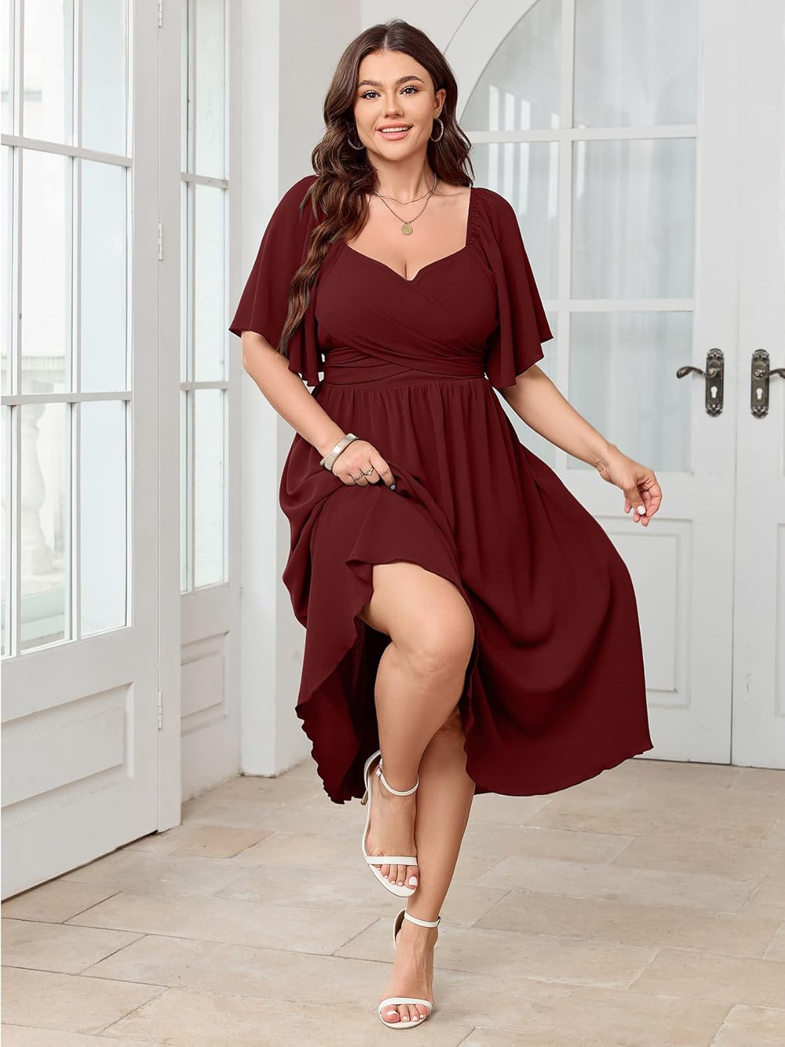 Women's Plus Size Midi Dress Sweetheart Neck Short Sleeve Wedding Guest Cocktail A Line Flowy Dress - Image 2