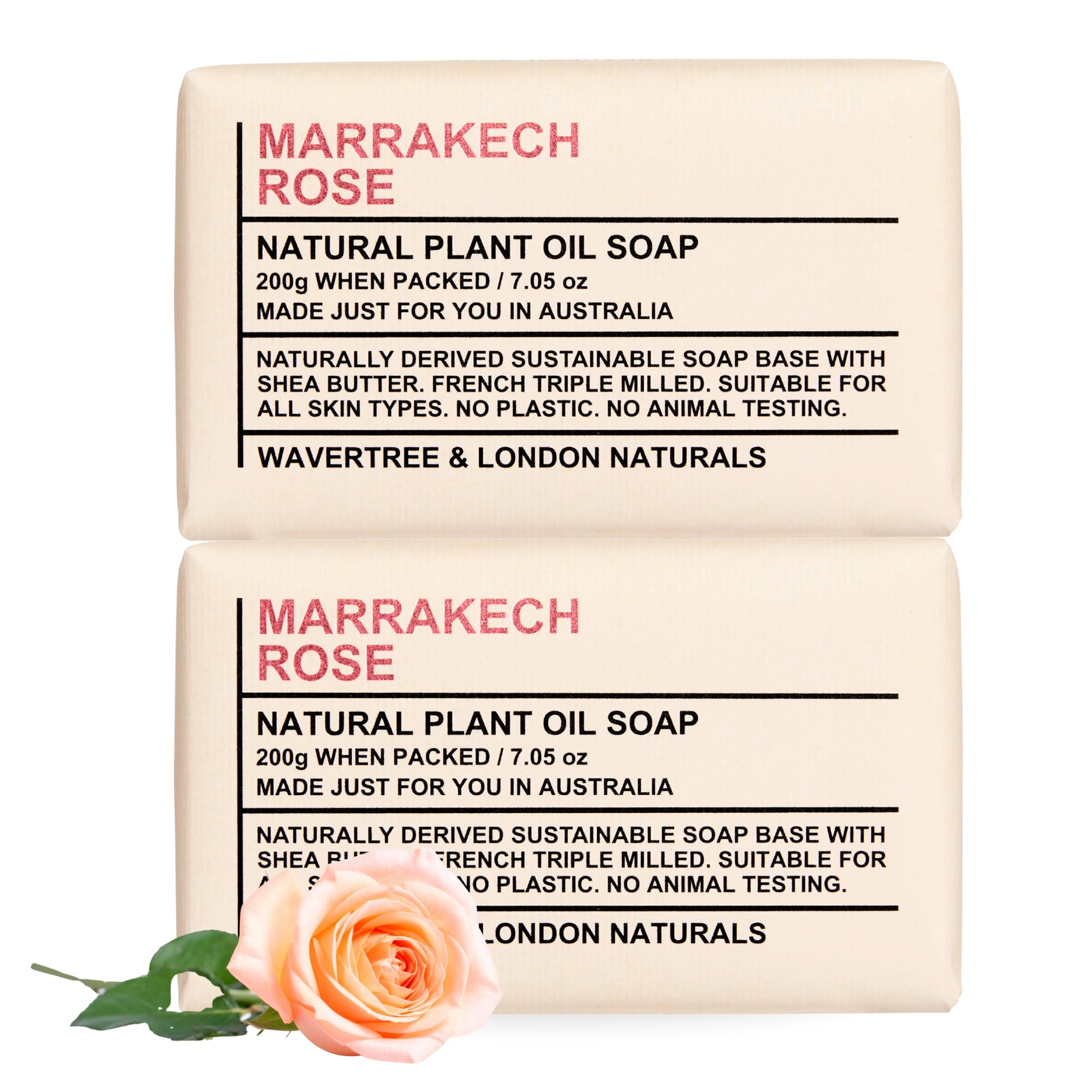 Wavertree & London Marakech Rose Scented Natural Soap Bars (2 Bars), 7oz Moisturizing French Triple Milled Soap enriched with shea butter - Plant Oil
