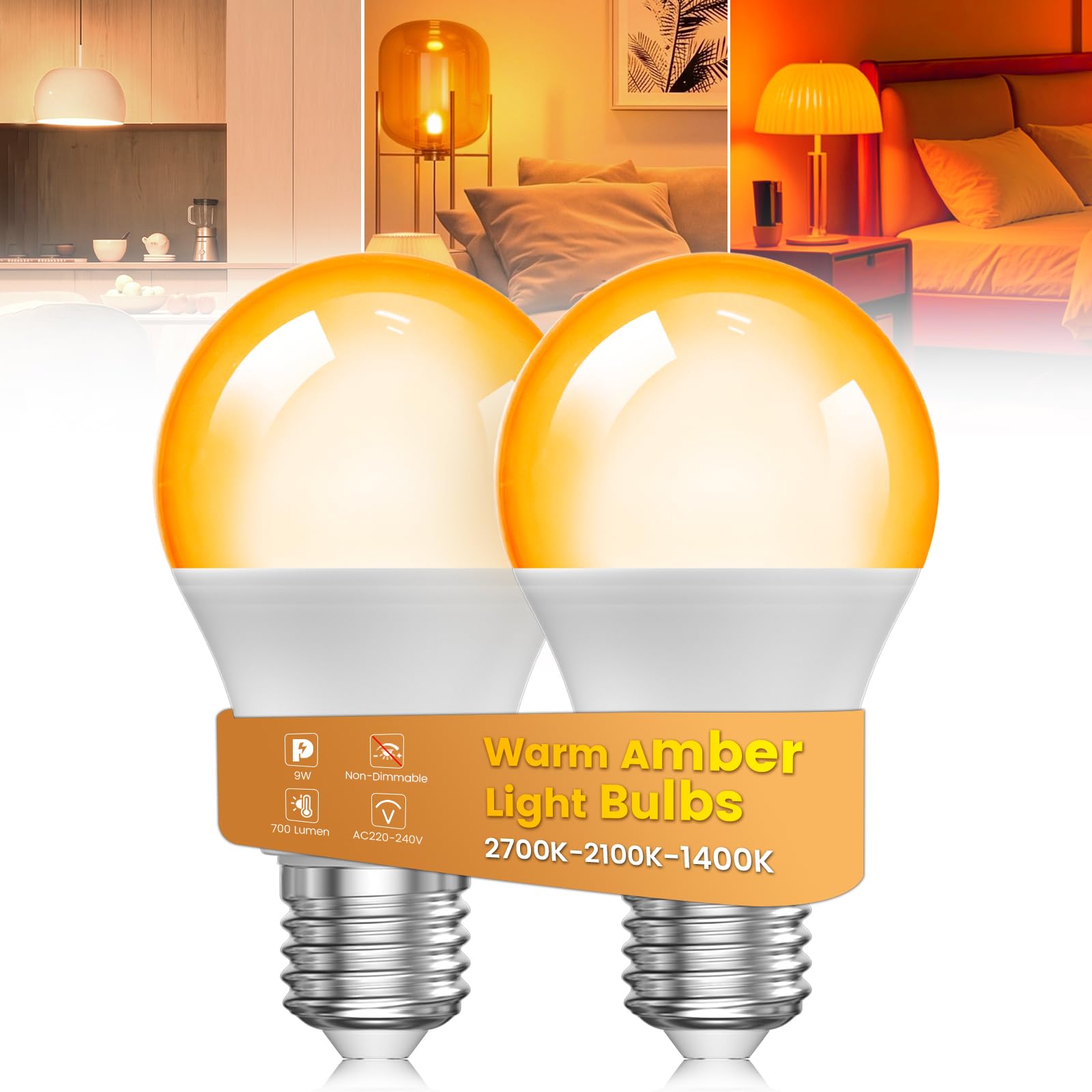 A19 E27 LED Edison Screw Bulb Orange Light Bulb, 3 Colour Changing Warm White 2700K/Amber Warm 2100K|1400K, 9W(60W Equivalent), Non-Dimmable, Blue Light Blocking Amber Warm Light Bulb, 2 Pack