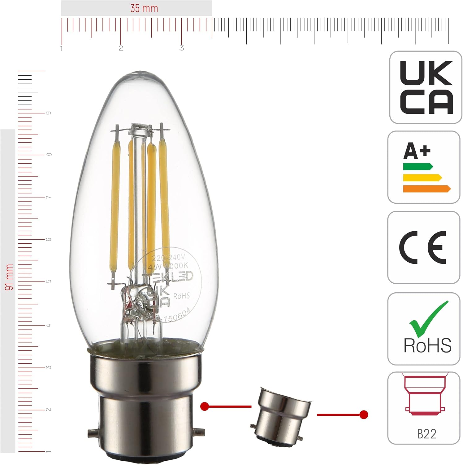 TEKLED® C35 Candle Filament Vintage LED Bulbs | B22 Bayonet Cap | Energy Saving 4W Light Bulb 40W Equivalent | NONDIMMABLE Clear 4000K 470LM | 6-Pack | Warm White - Image 3