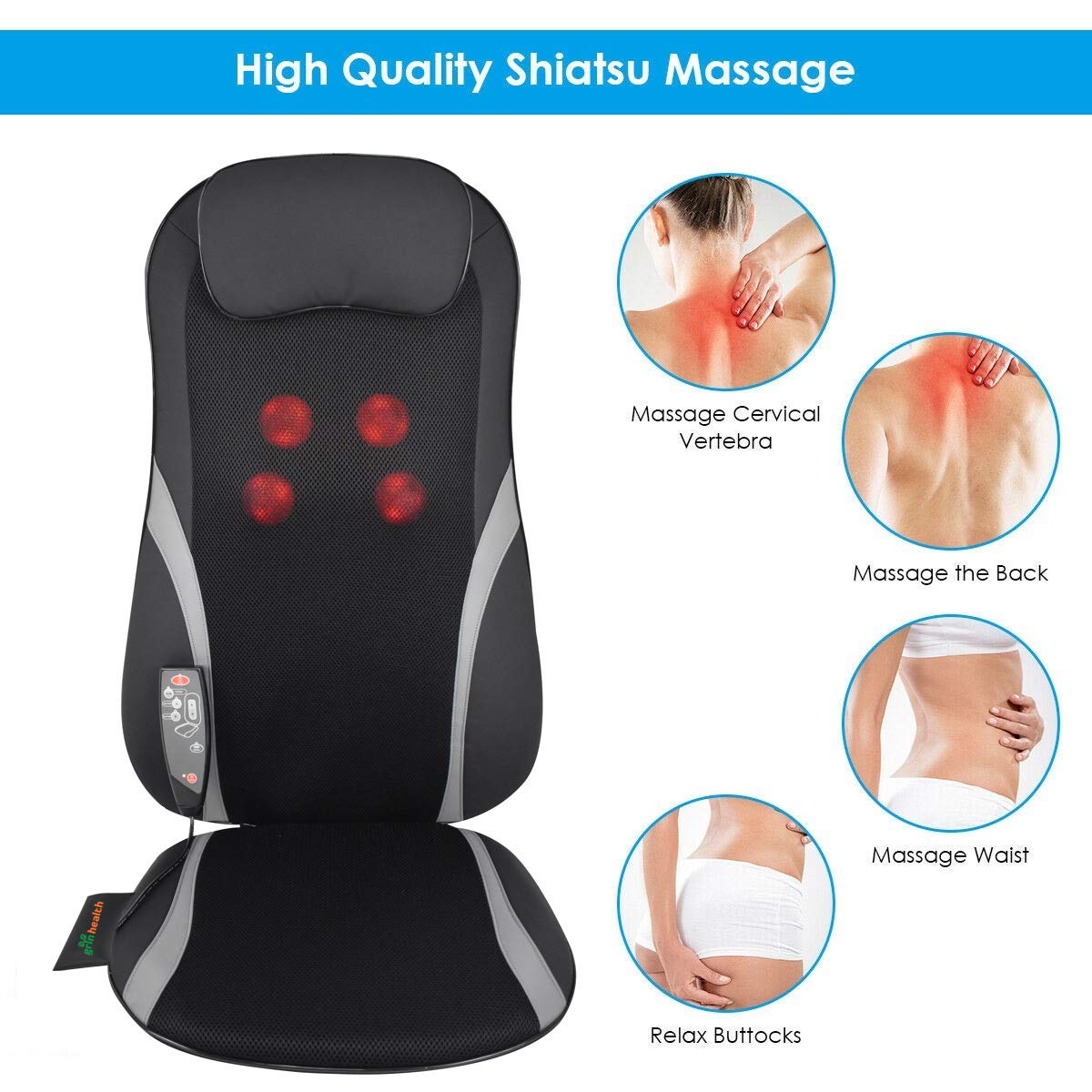 Grin Health Shiatsu Full Back Massager, 3 Zones Massage Cushion For Back- Full Body Massage Machine For Pain Relief, Kneading Rolling Massager for Relaxation Muscle Pain Relief (GH216A) - Image 3 thumbnail