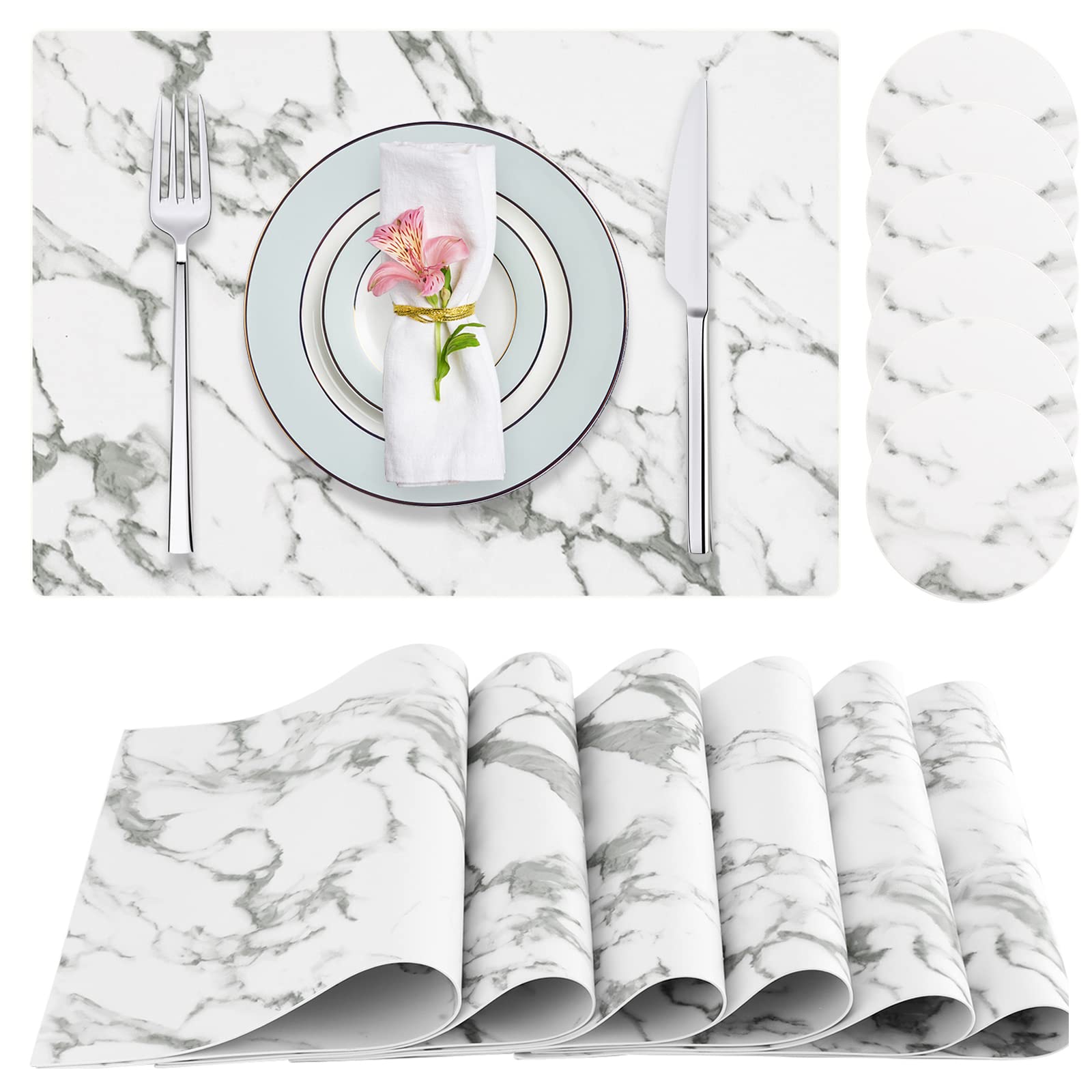 Tischsets aus Kunstleder, hitzebeständig, leicht zu reinigen, rutschfest, wasserdicht, schmutzabweisend, abwischbar, waschbar, PU-Tischsets, 6 Stück, Marmor