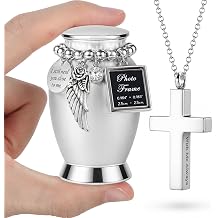 Small Urns for Human Pet Ashes with Cross Necklake, Mini Stainless Steel Urns with Mini Photo Frame & Angel Wing Pendant, Memorial Cremation Keepsake Ashes Urns for Men Women Funeral Remembrance