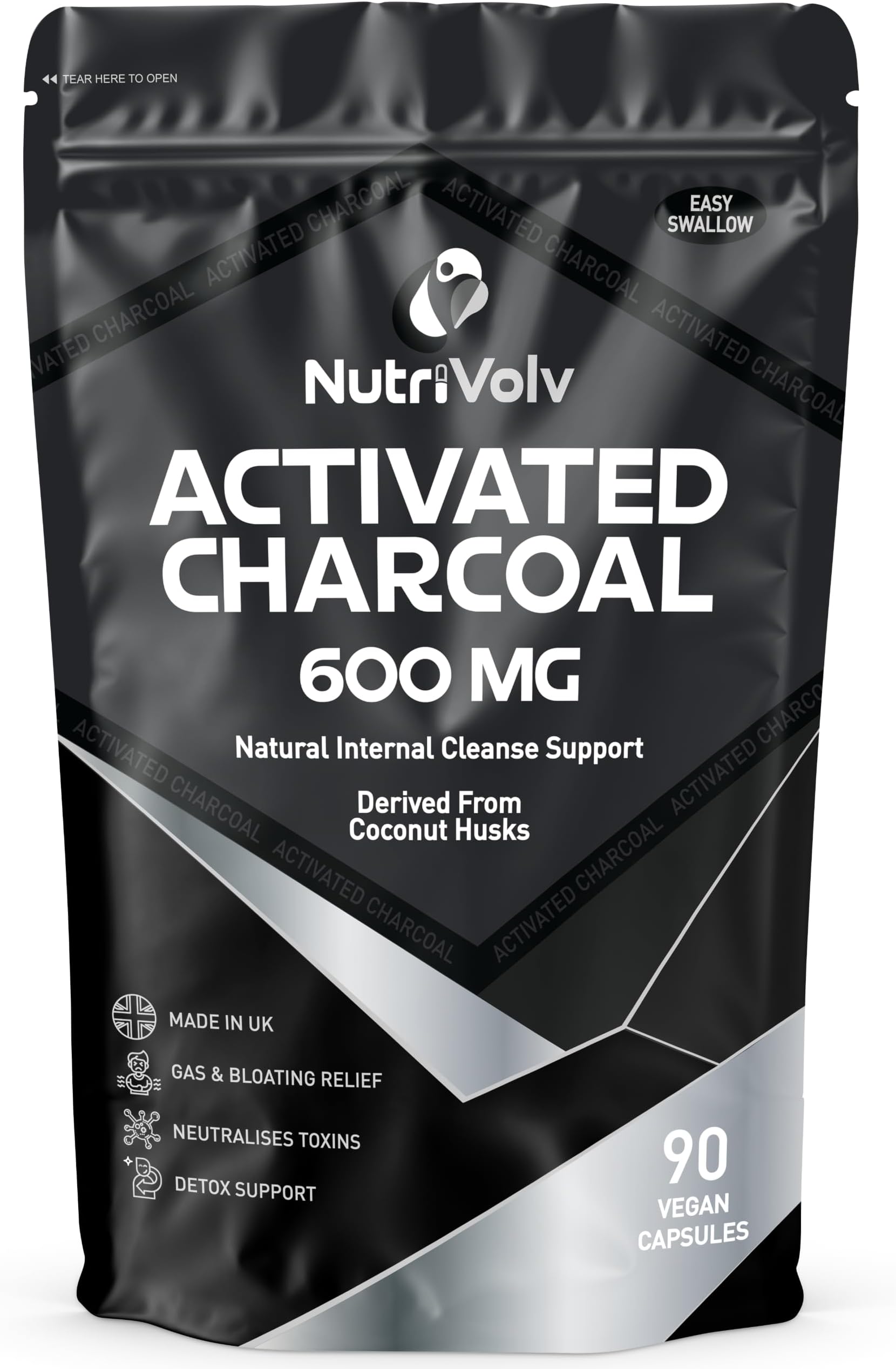Activated Charcoal 600mg | 90 Capsules | Reduce Flatulence, Gas & Bloating | Detox